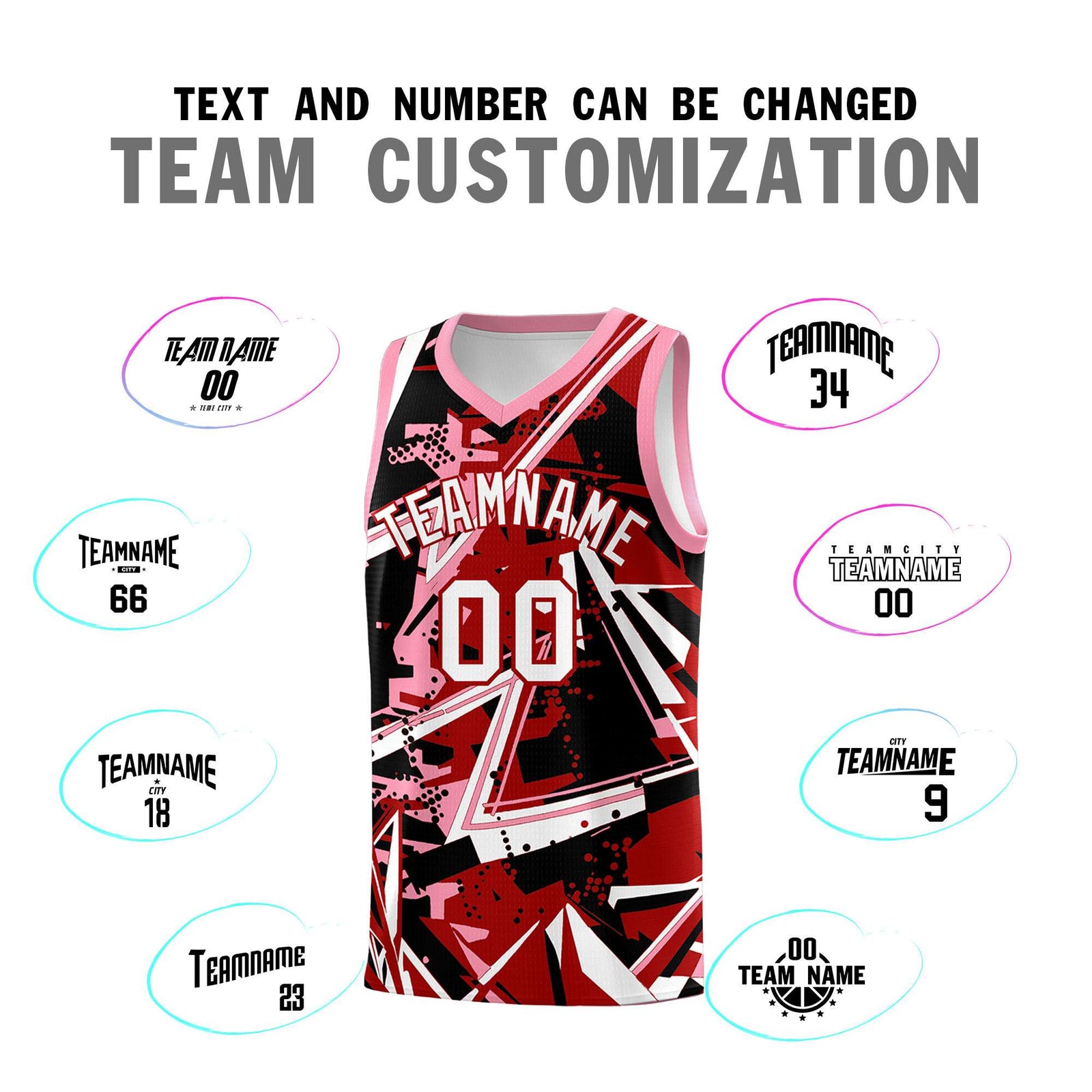 Custom Youth Basketball Jerseys Red Light Pink Abstract Graffiti Personalized Street Style Uniform