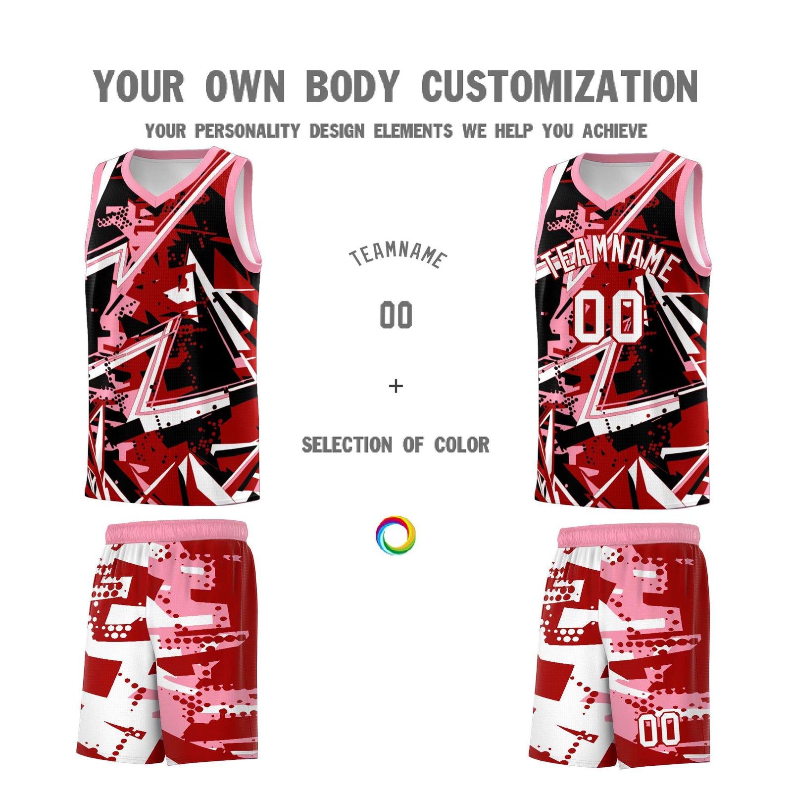 Custom Youth Basketball Jerseys Red Light Pink Abstract Graffiti Personalized Street Style Uniform