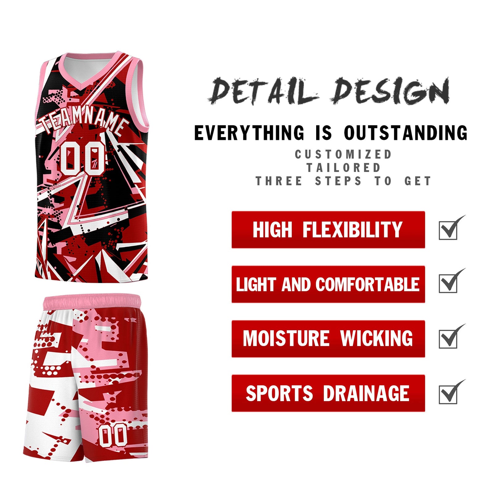Custom Youth Basketball Jerseys Red Light Pink Abstract Graffiti Personalized Street Style Uniform