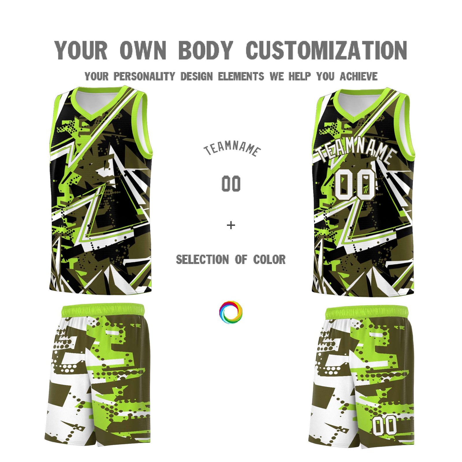 Custom Youth Basketball Jerseys Olive Neon Green Abstract Graffiti Personalized Street Style Uniform
