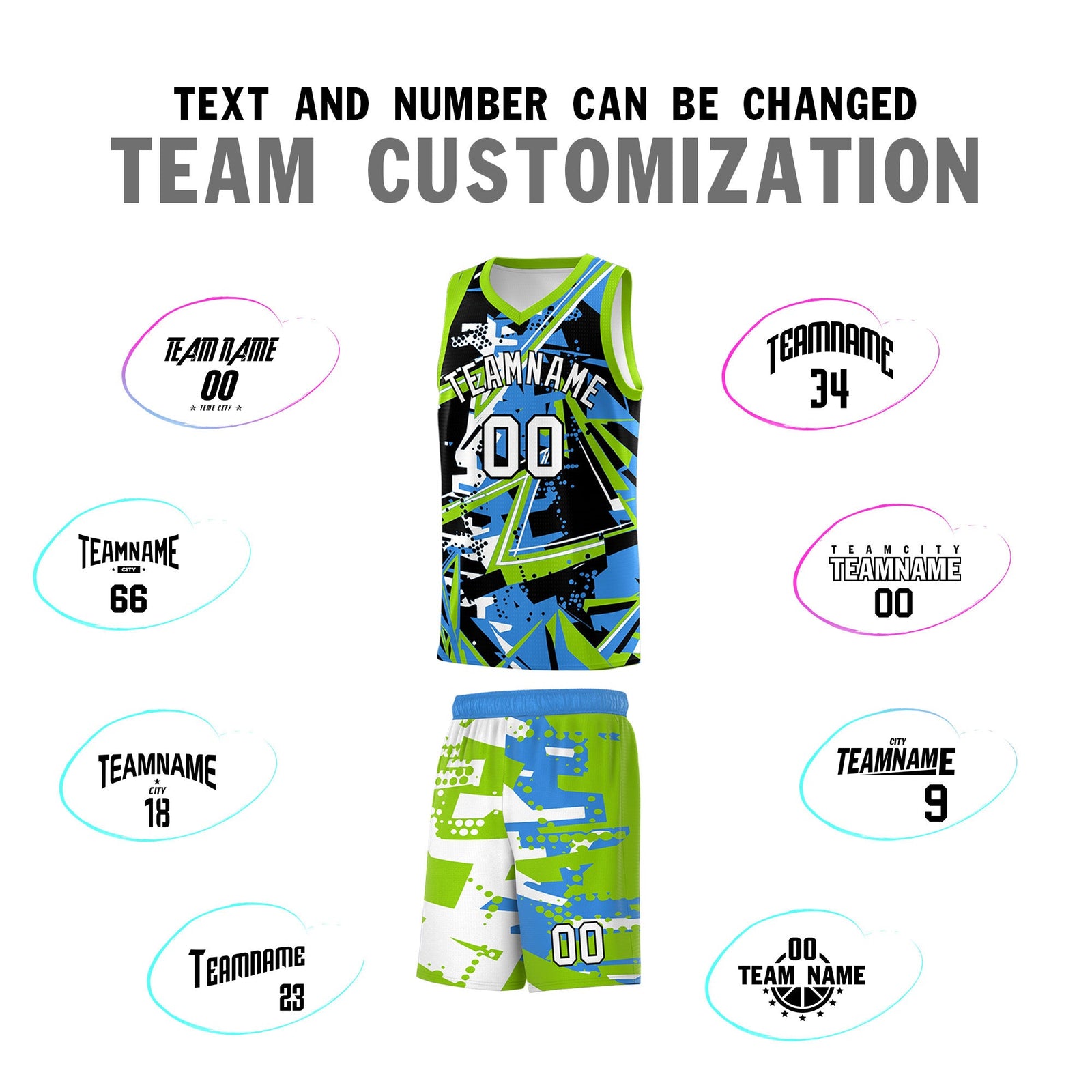 Custom Youth Basketball Jerseys Light Blue Neon Green Abstract Graffiti Personalized Street Style Uniform
