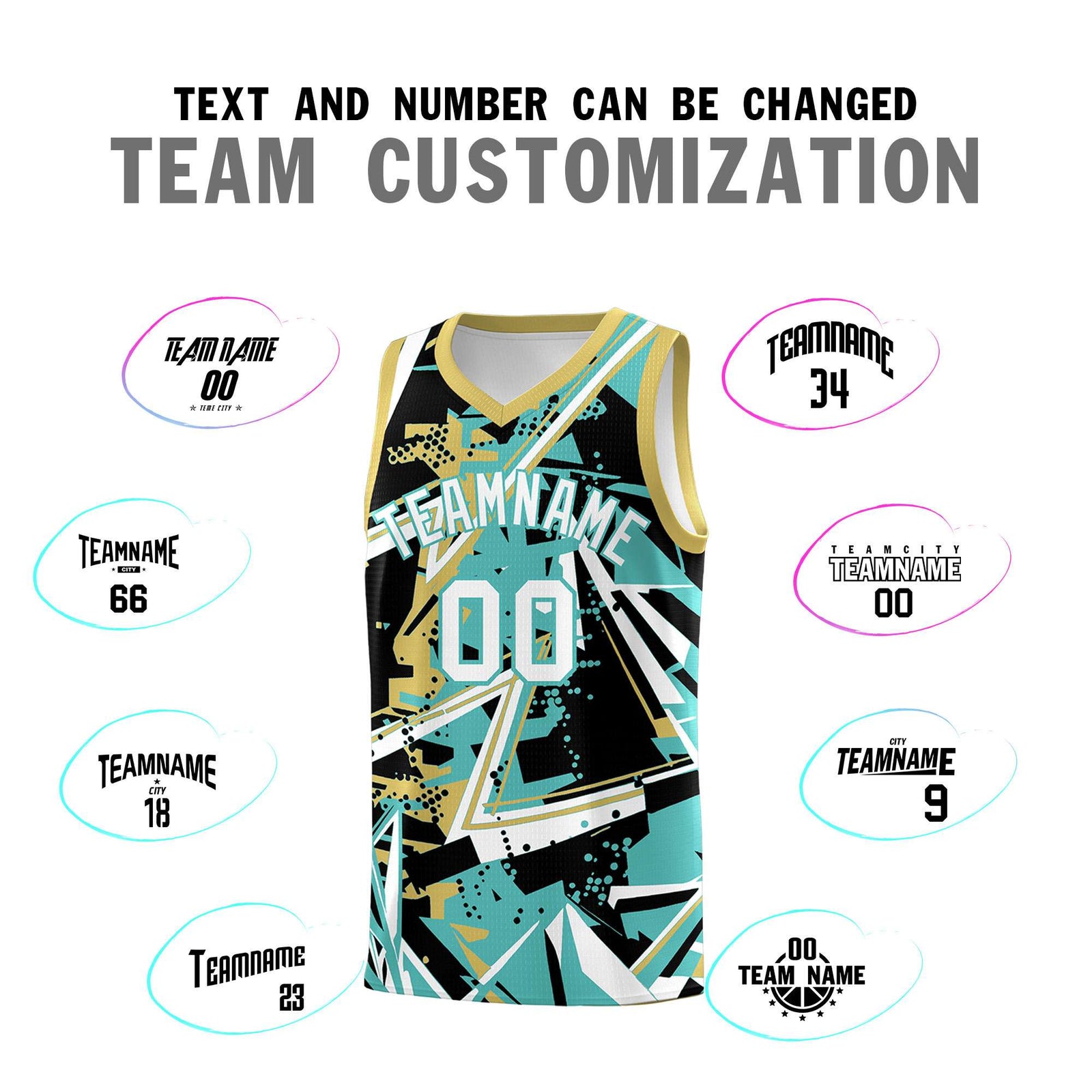 Custom Youth Basketball Jerseys Teal Old Gold Abstract Graffiti Personalized Street Style Uniform