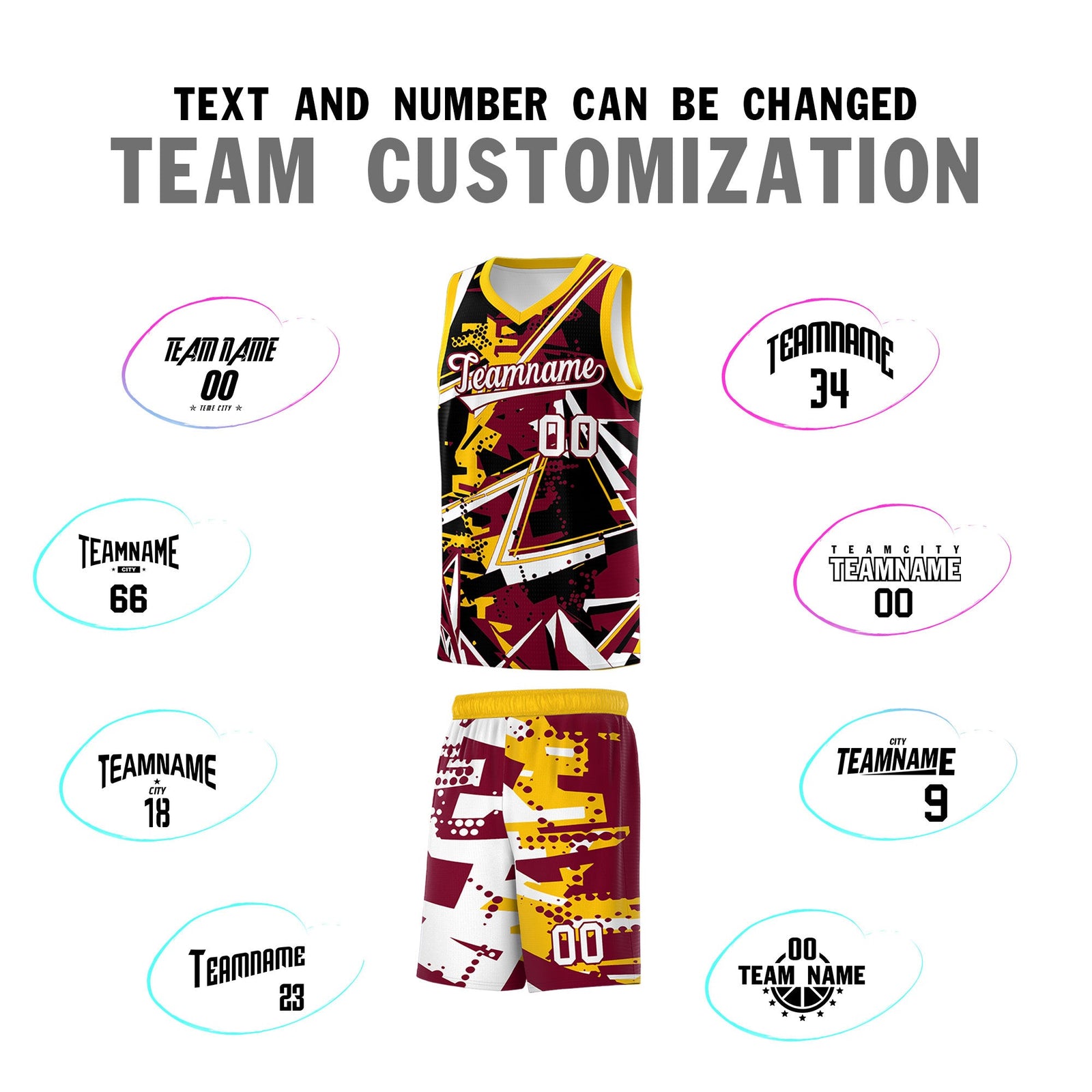 Custom Youth Basketball Jerseys Crimson Yellow Abstract Graffiti Urban Style Personalized Uniform