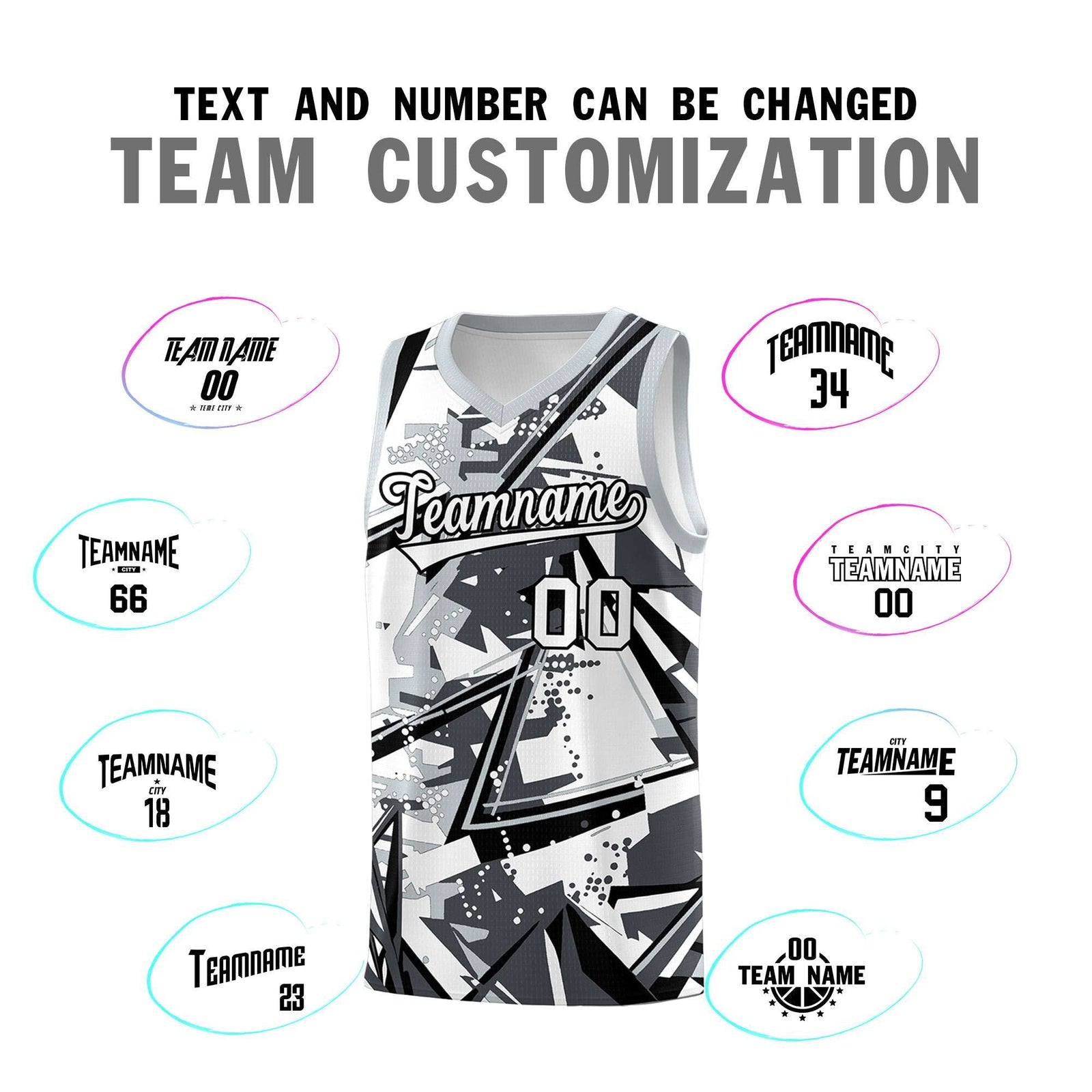 Custom Youth Basketball Jerseys Gray Silver Abstract Graffiti Personalized Team Name & Number