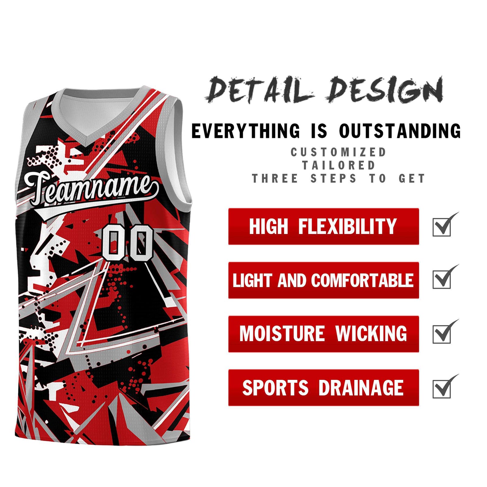 Custom Youth Basketball Jerseys Red Gray Abstract Graffiti Personalized Team Name & Number