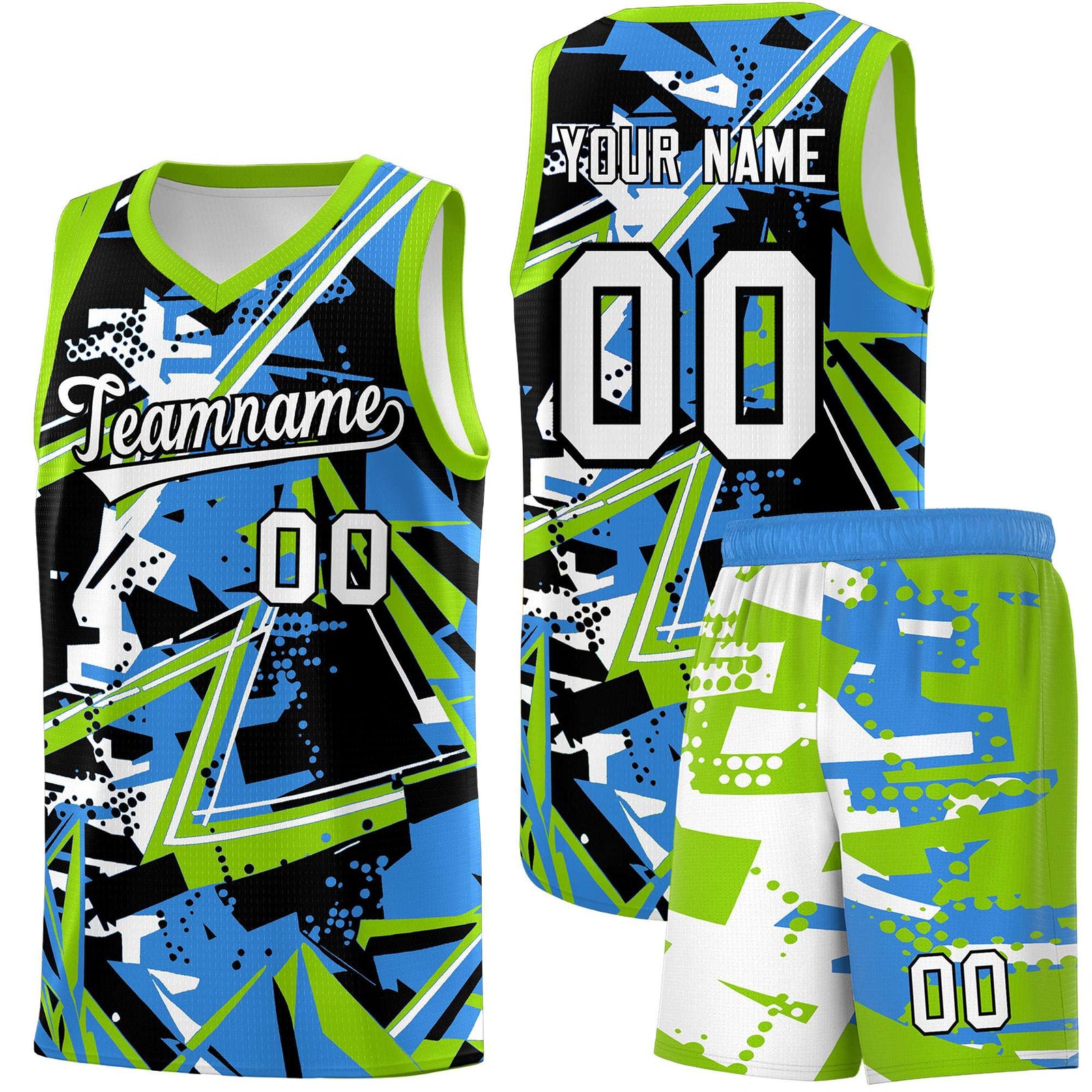 Custom Youth Basketball Jerseys Light Blue Neon Green Abstract Graffiti Personalized Street Style Uniform