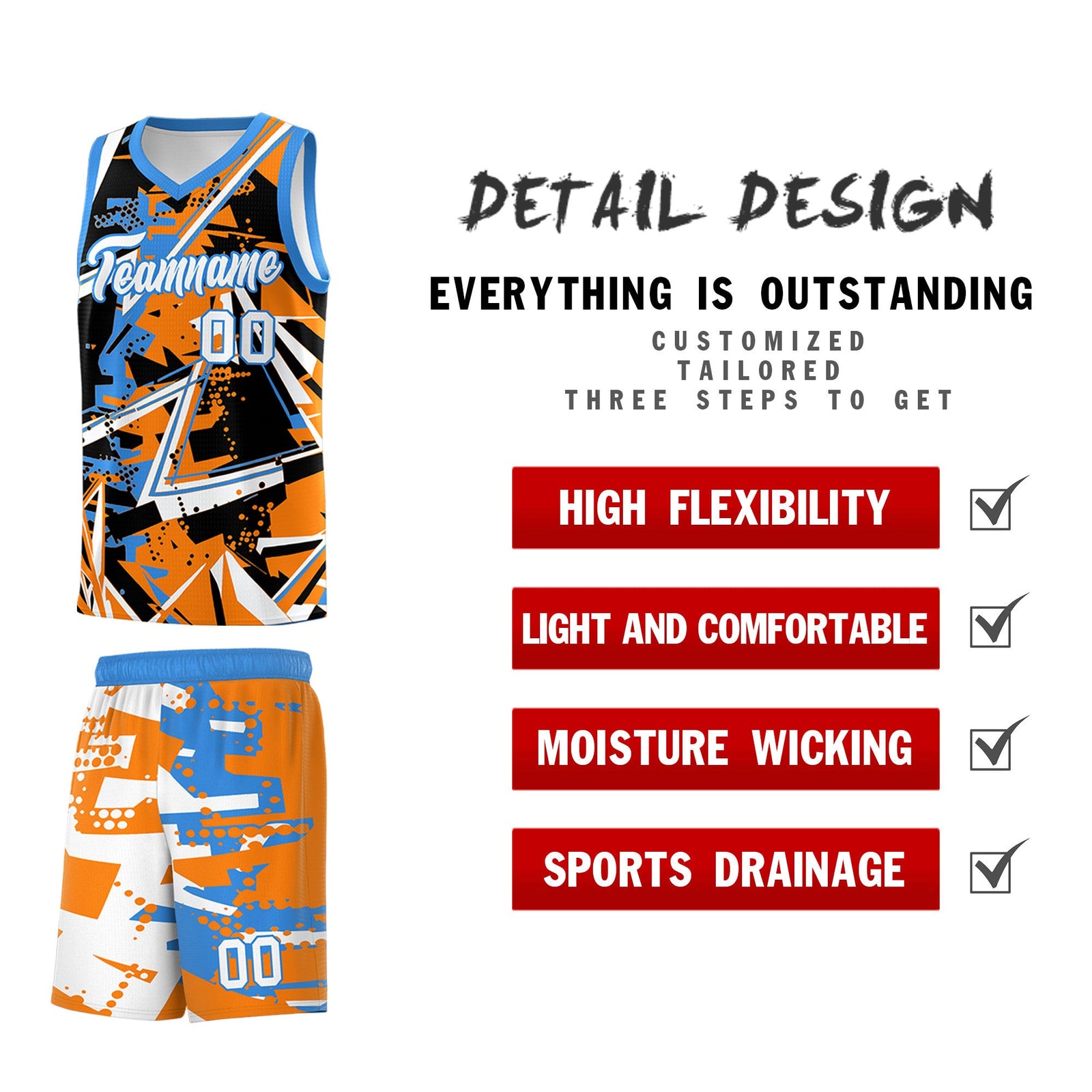 Custom Youth Basketball Jerseys Orange Light Blue Abstract Graffiti Personalized Street Style Uniform