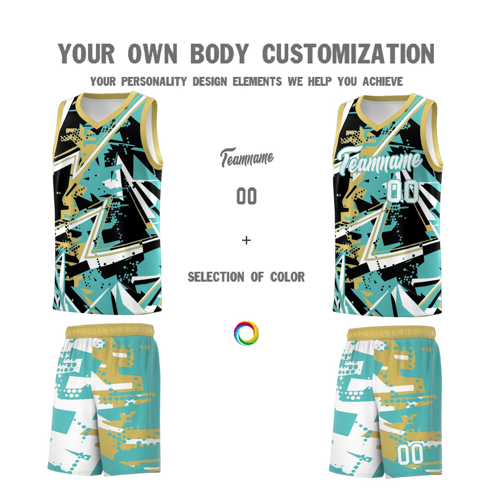 Custom Youth Basketball Jerseys Teal Old Gold Abstract Graffiti Personalized Street Style Uniform