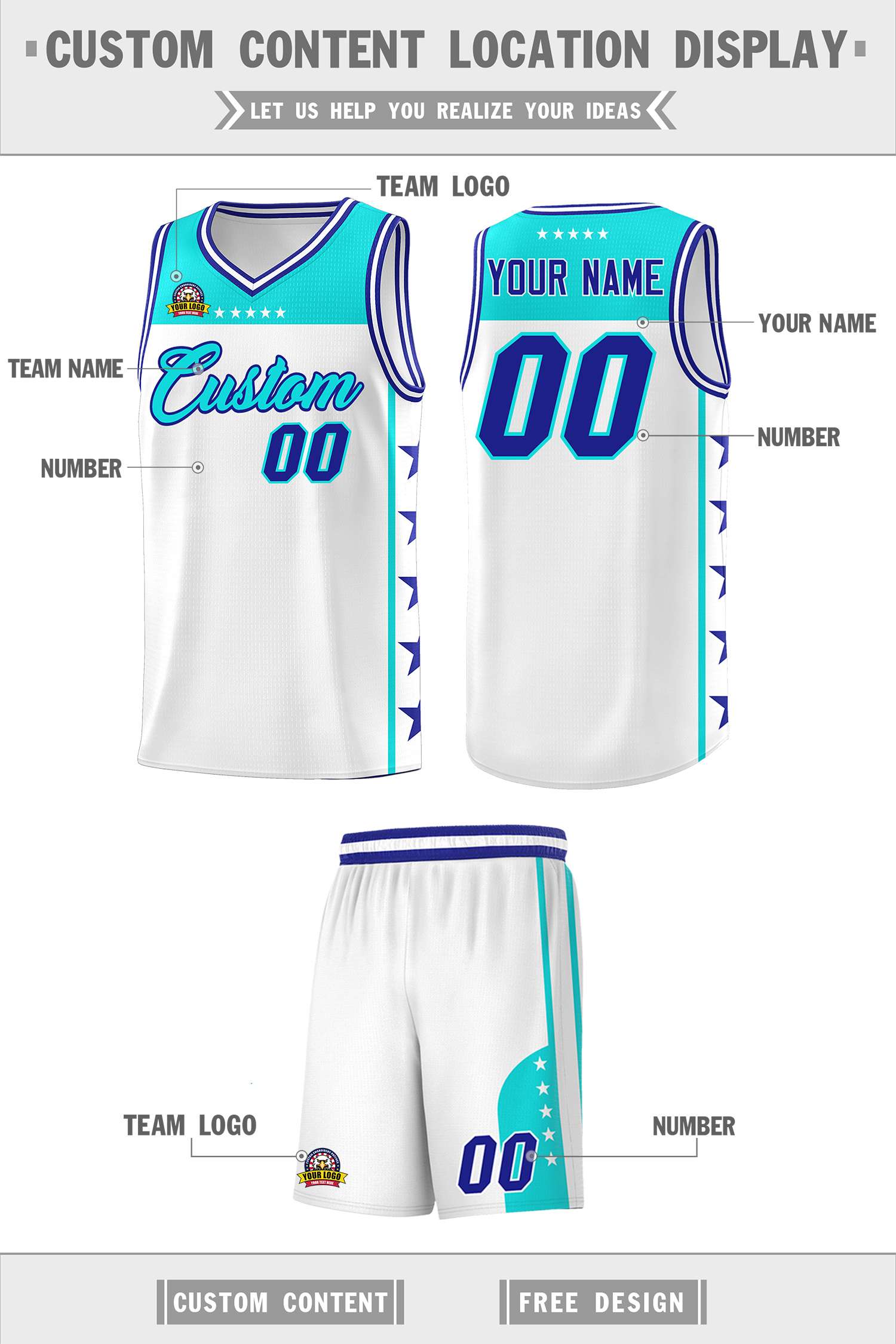 Custom White Sky Blue Color Block Sets Sports Uniform Basketball Jersey