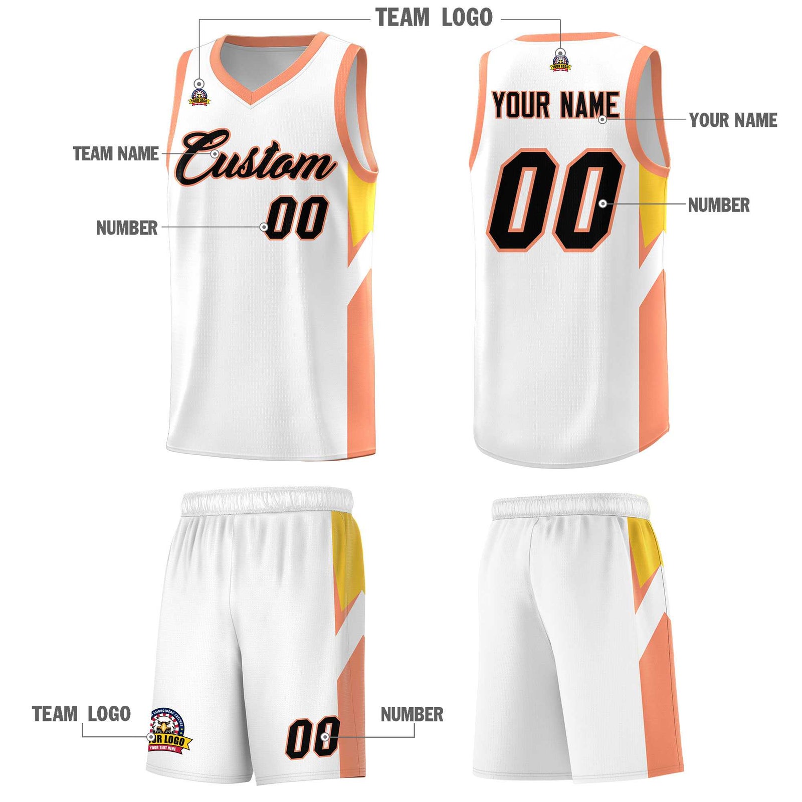 Custom White Orange Side Design Sets Sports Uniform Basketball Jersey