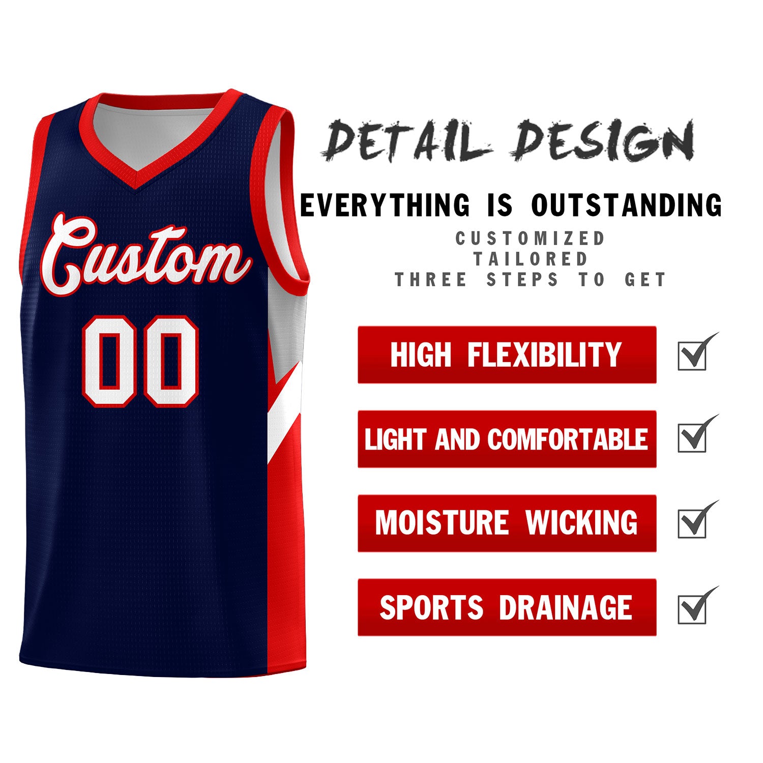 Custom Navy Red Side Design Sets Sports Uniform Basketball Jersey
