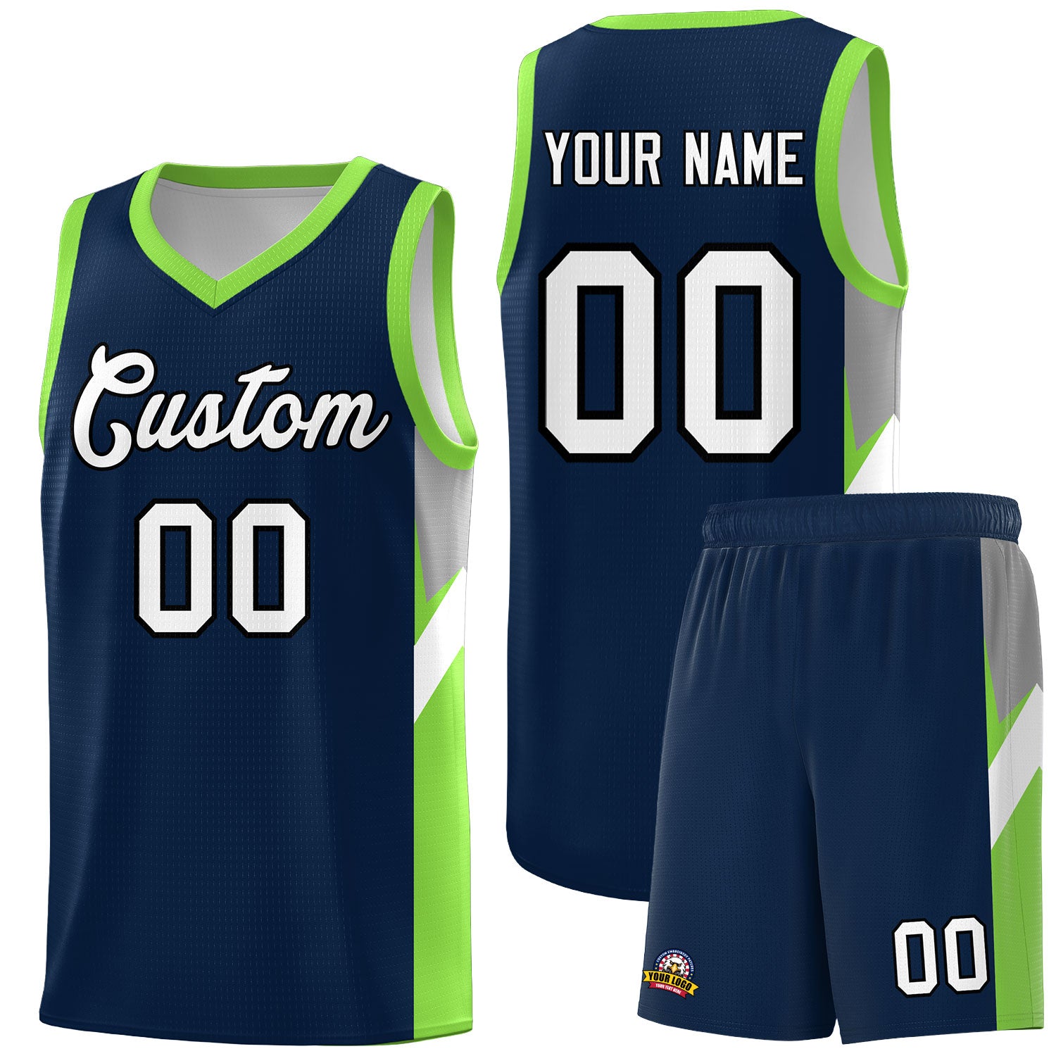 Custom Navy Neon Green Side Design Sets Sports Uniform Basketball Jersey