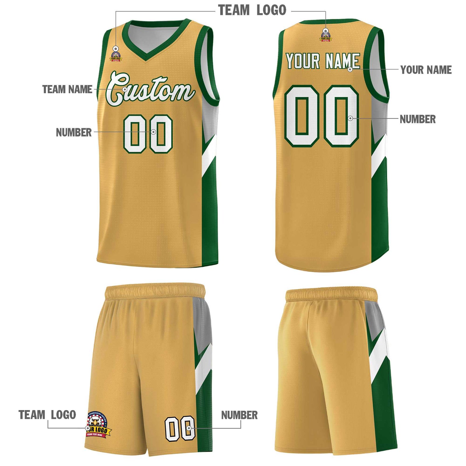 Custom Buckskin Brown Green Side Design Sets Sports Uniform Basketball Jersey