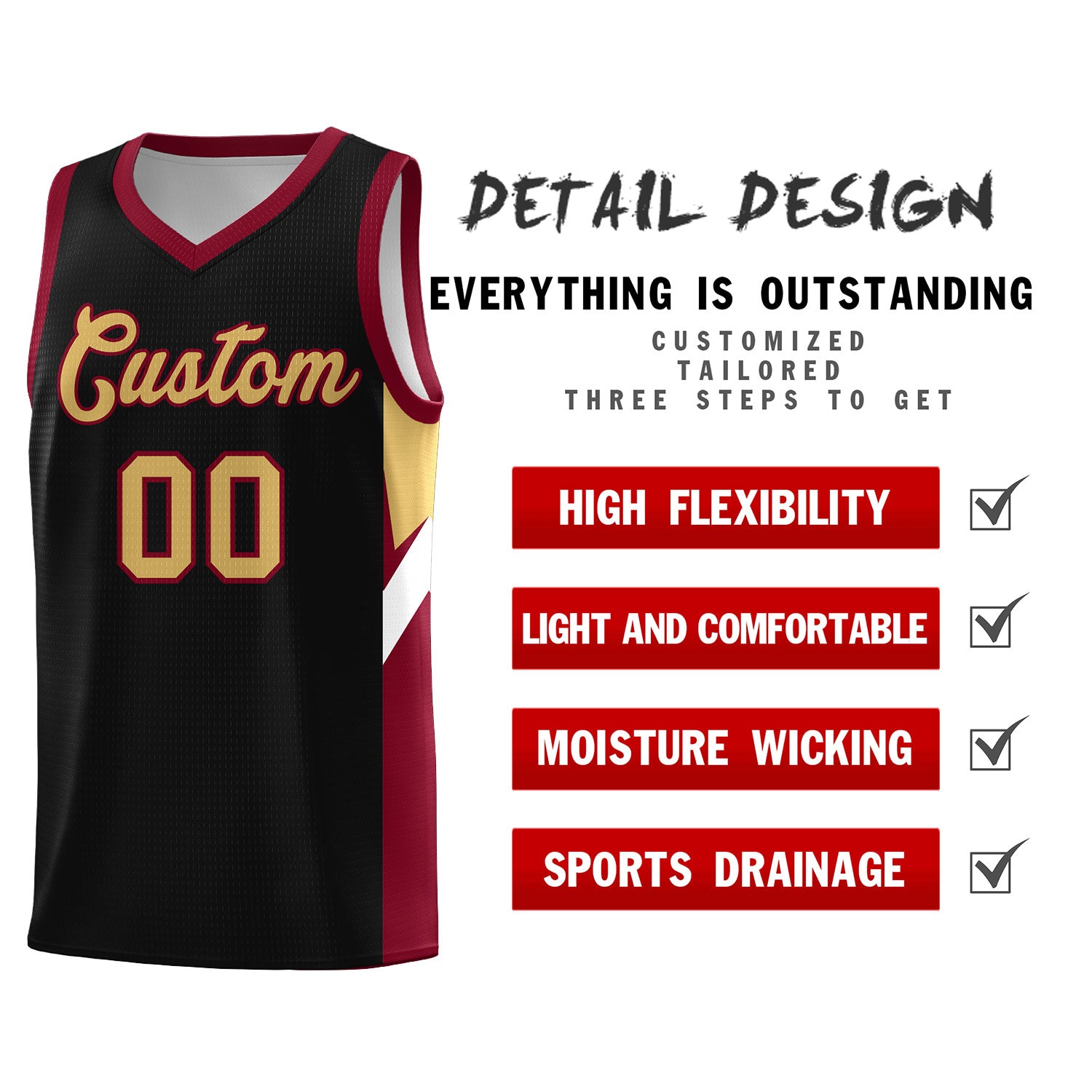 Custom Black Crimson Side Design Sets Sports Uniform Basketball Jersey