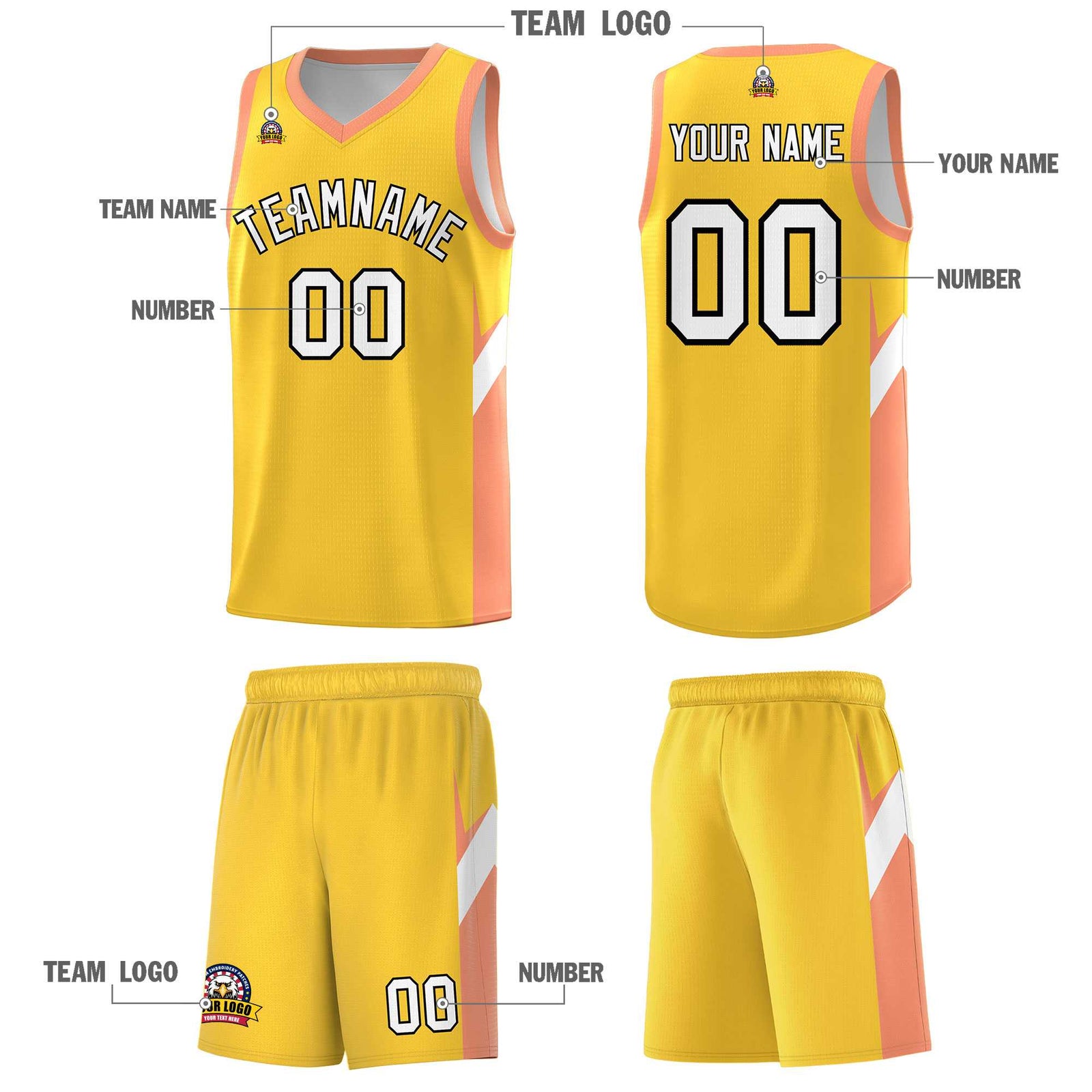 Custom Gold Orange Side Design Sets Sports Uniform Basketball Jersey