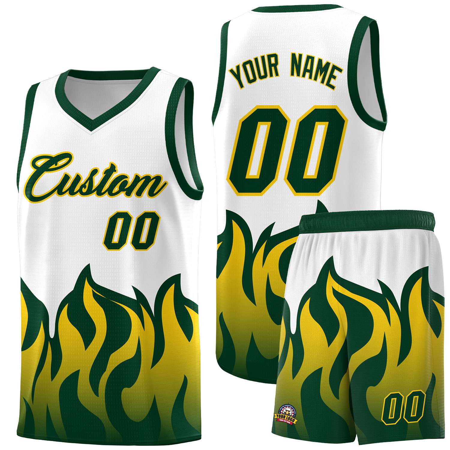 Custom White Hunter Green Hem Flame Pattern Fashion Sports Uniform Basketball Kits
