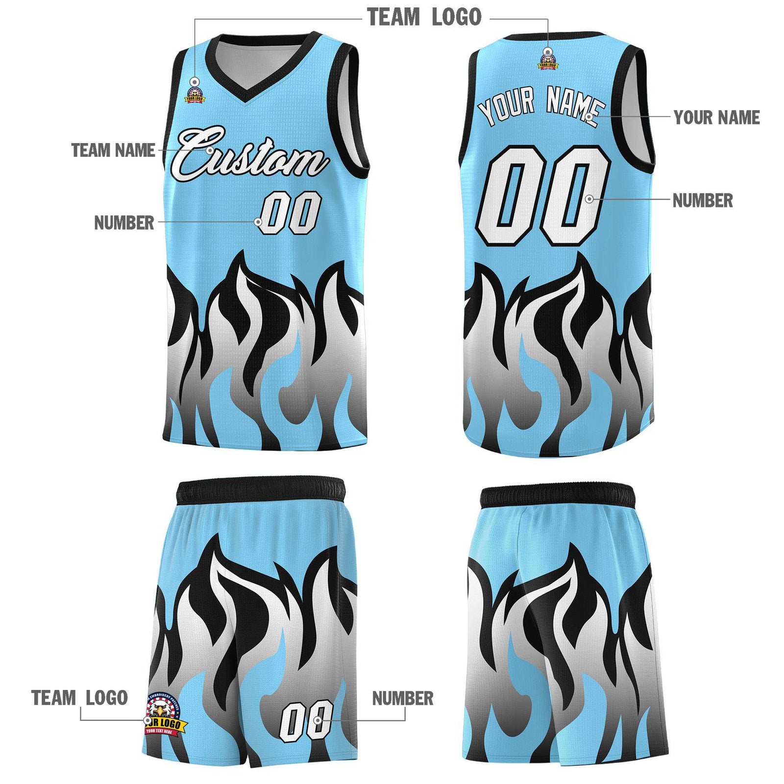 Custom Light Blue Black Hem Flame Pattern Fashion Sports Uniform Basketball Kits