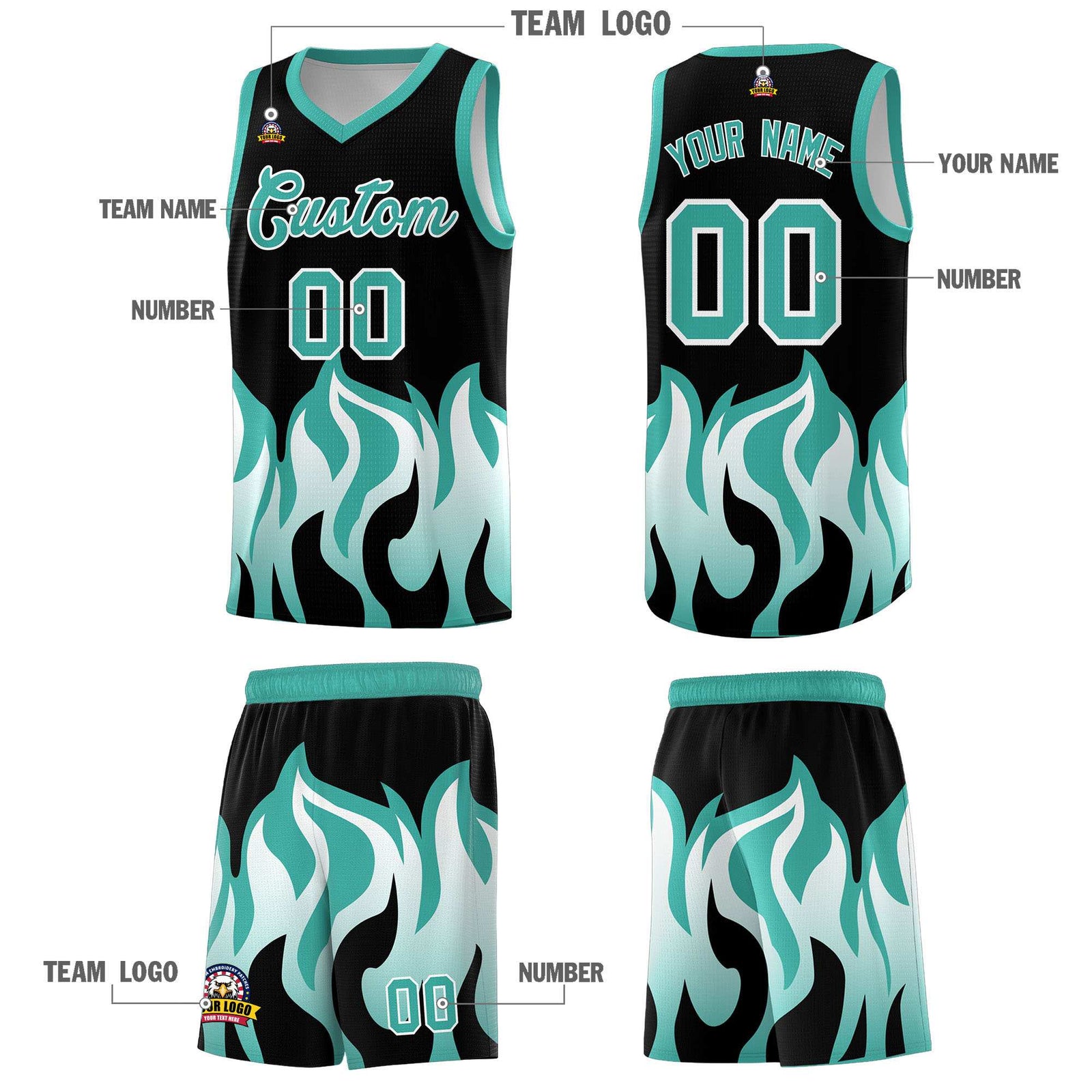 Custom Black Bright Green Hem Flame Pattern Fashion Sports Uniform Basketball Kits
