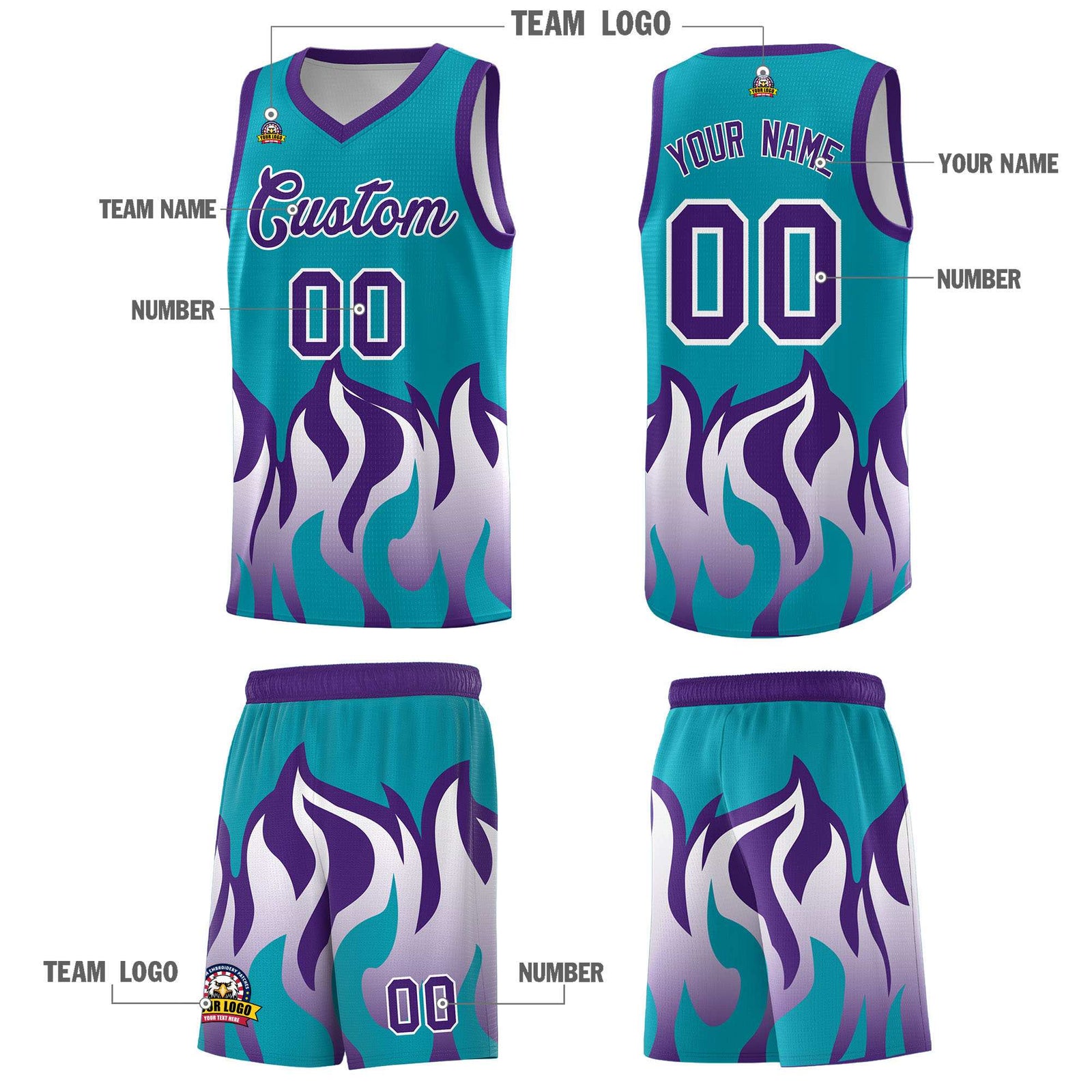 Custom Aqua Purple Hem Flame Pattern Fashion Sports Uniform Basketball Kits