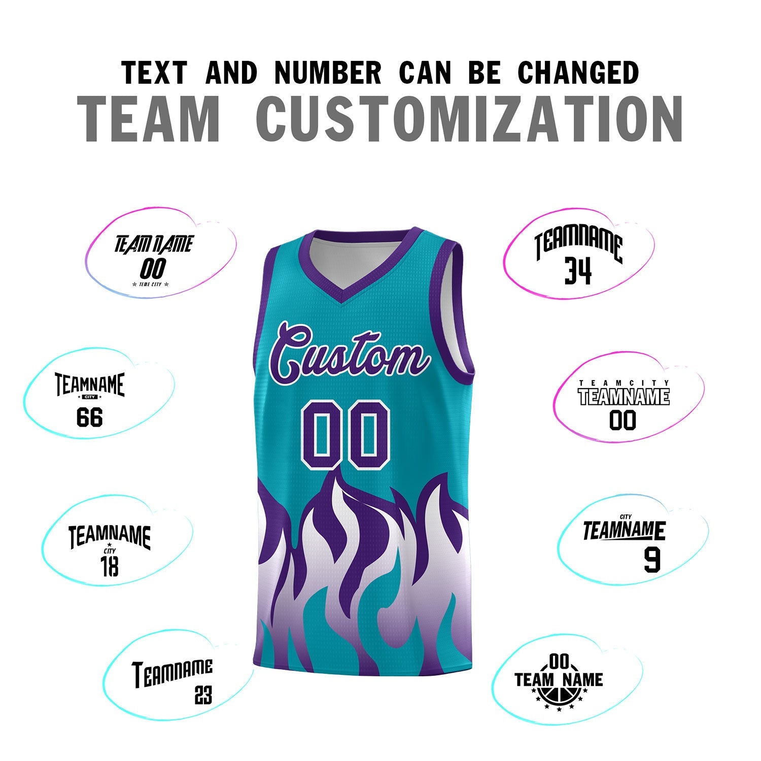 Custom Aqua Purple Hem Flame Pattern Fashion Sports Uniform Basketball Kits
