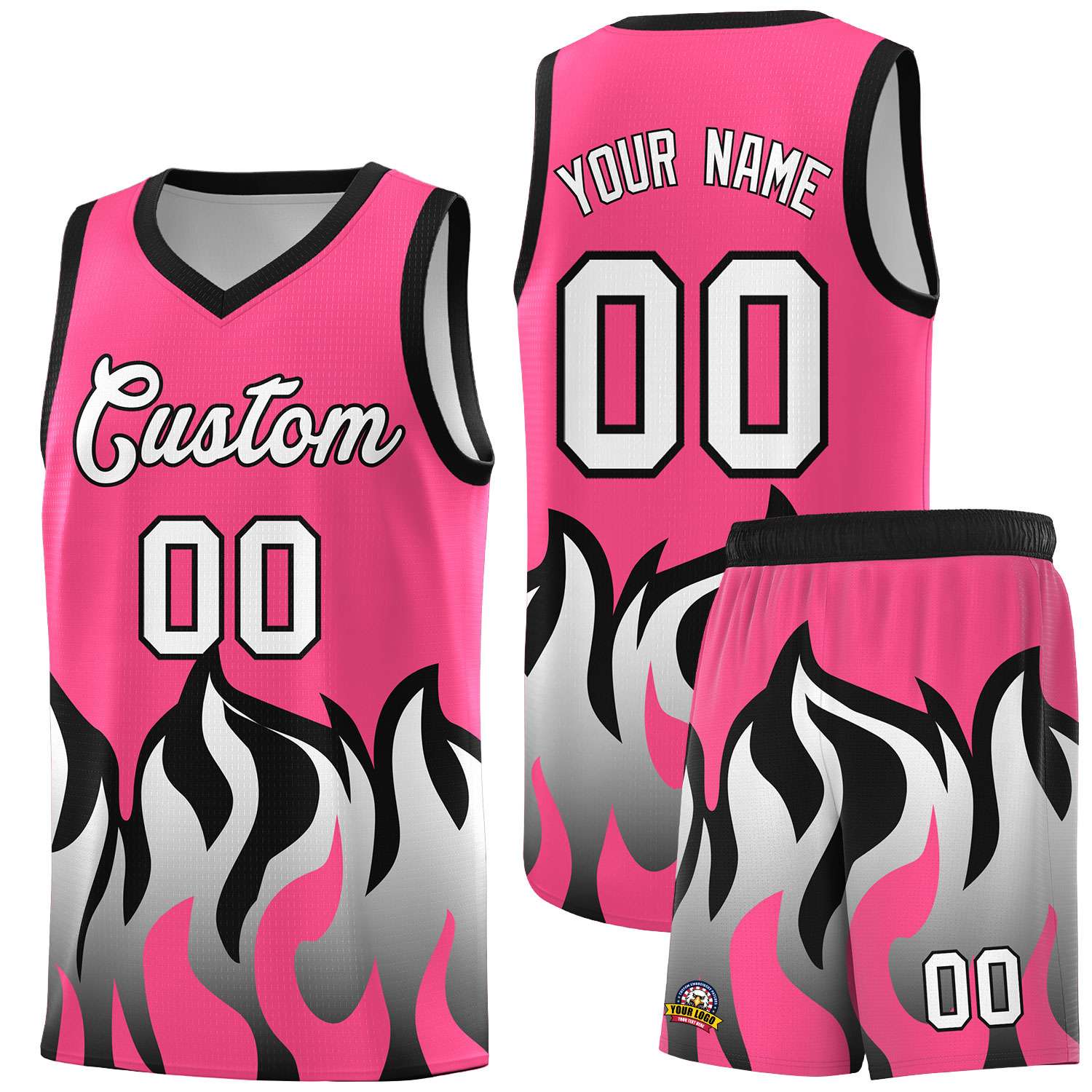 Custom Pink Black Hem Flame Pattern Fashion Sports Uniform Basketball Kits