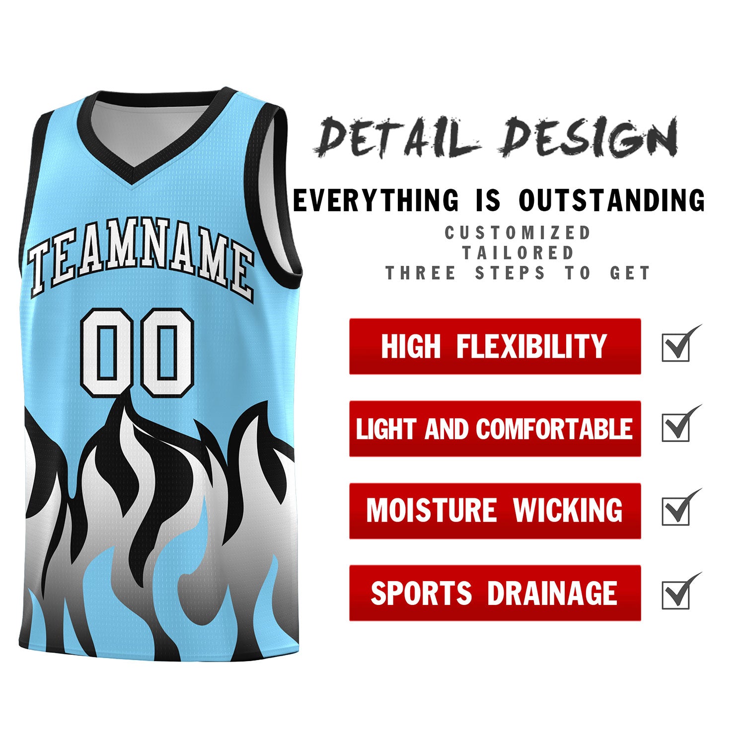 Custom Light Blue Black Hem Flame Pattern Fashion Sports Uniform Basketball Kits