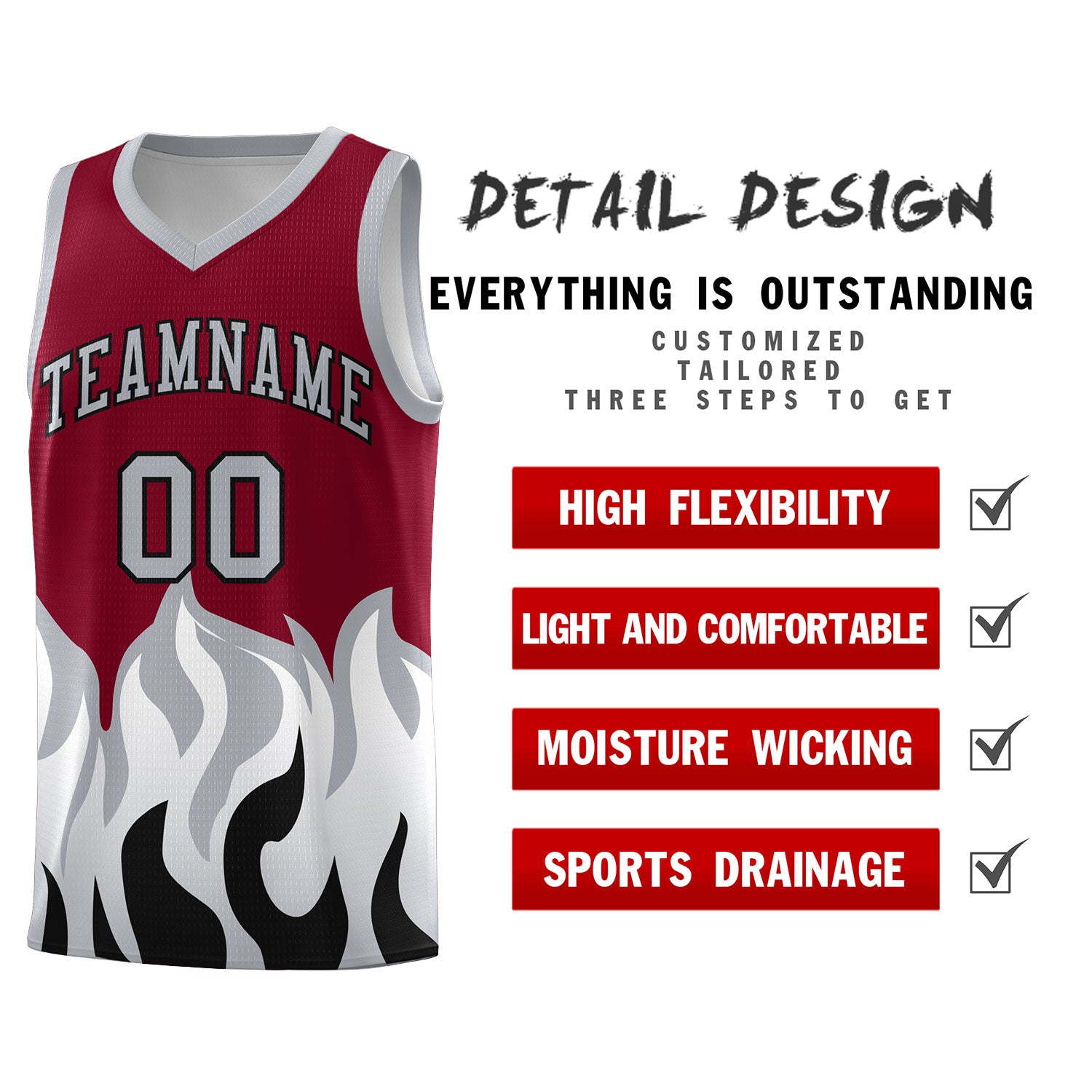 Custom Crimson Gray Hem Flame Pattern Fashion Sports Uniform Basketball Kits