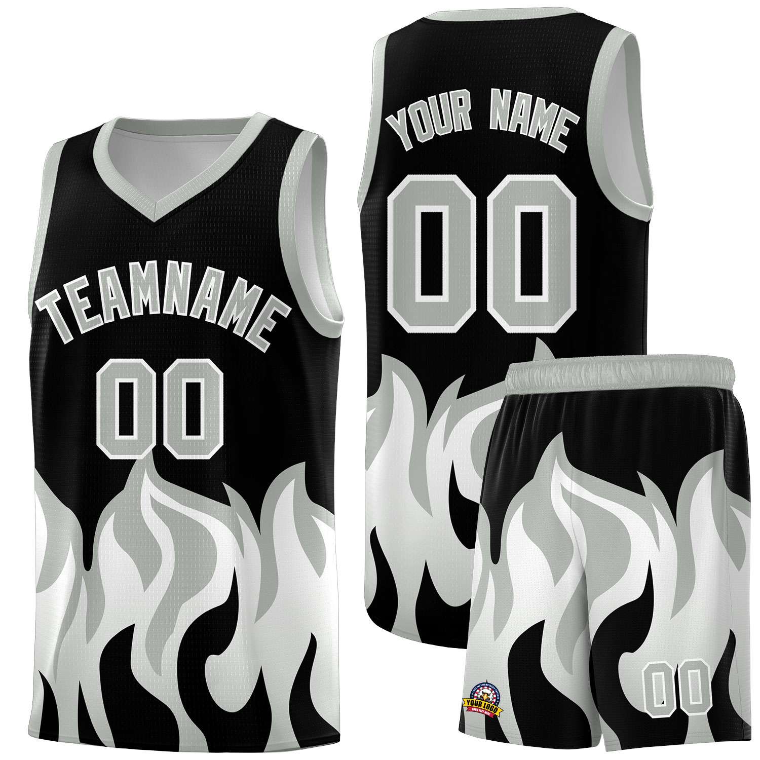 Custom Black Gray Hem Flame Pattern Fashion Sports Uniform Basketball Kits