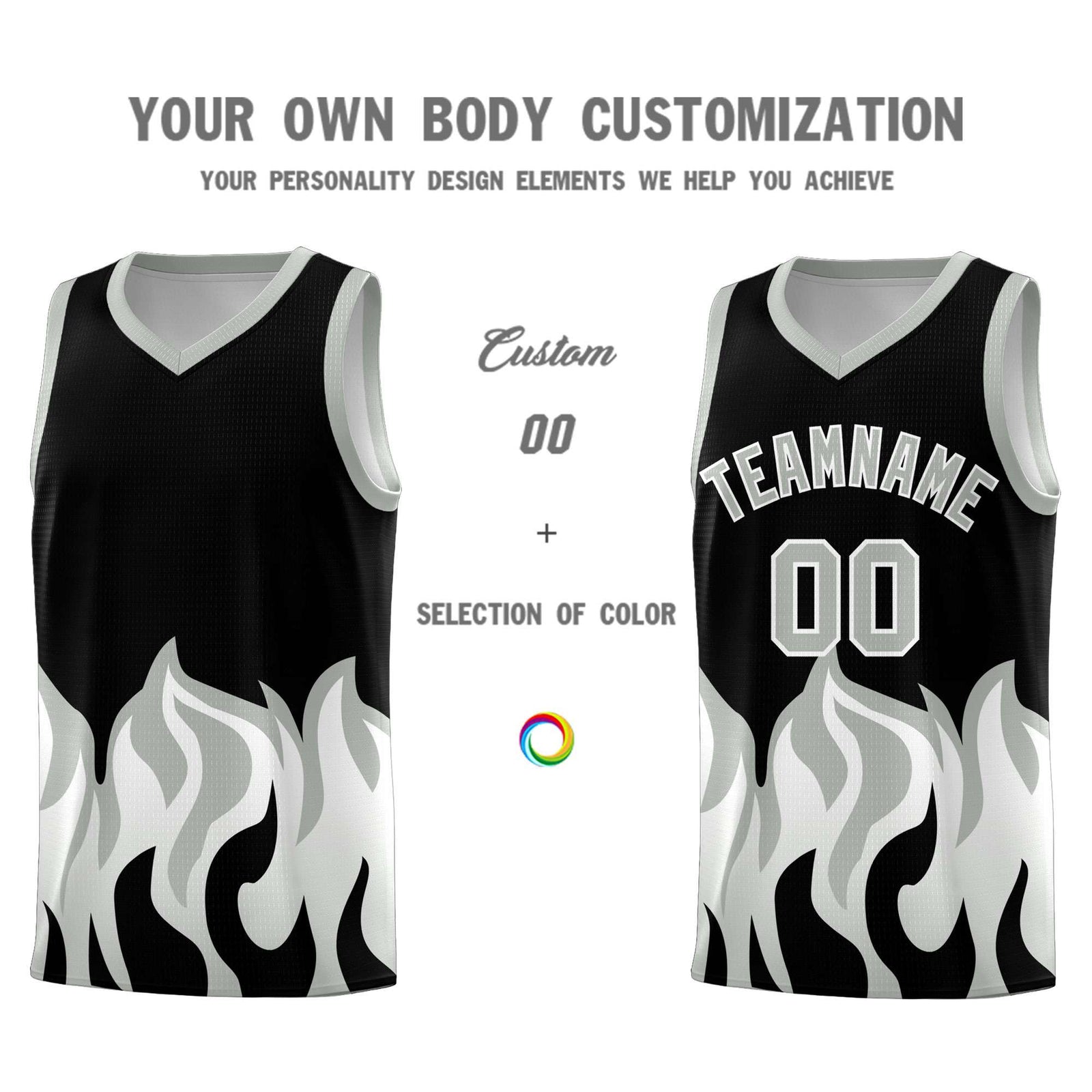 Custom Black Gray Hem Flame Pattern Fashion Sports Uniform Basketball Kits