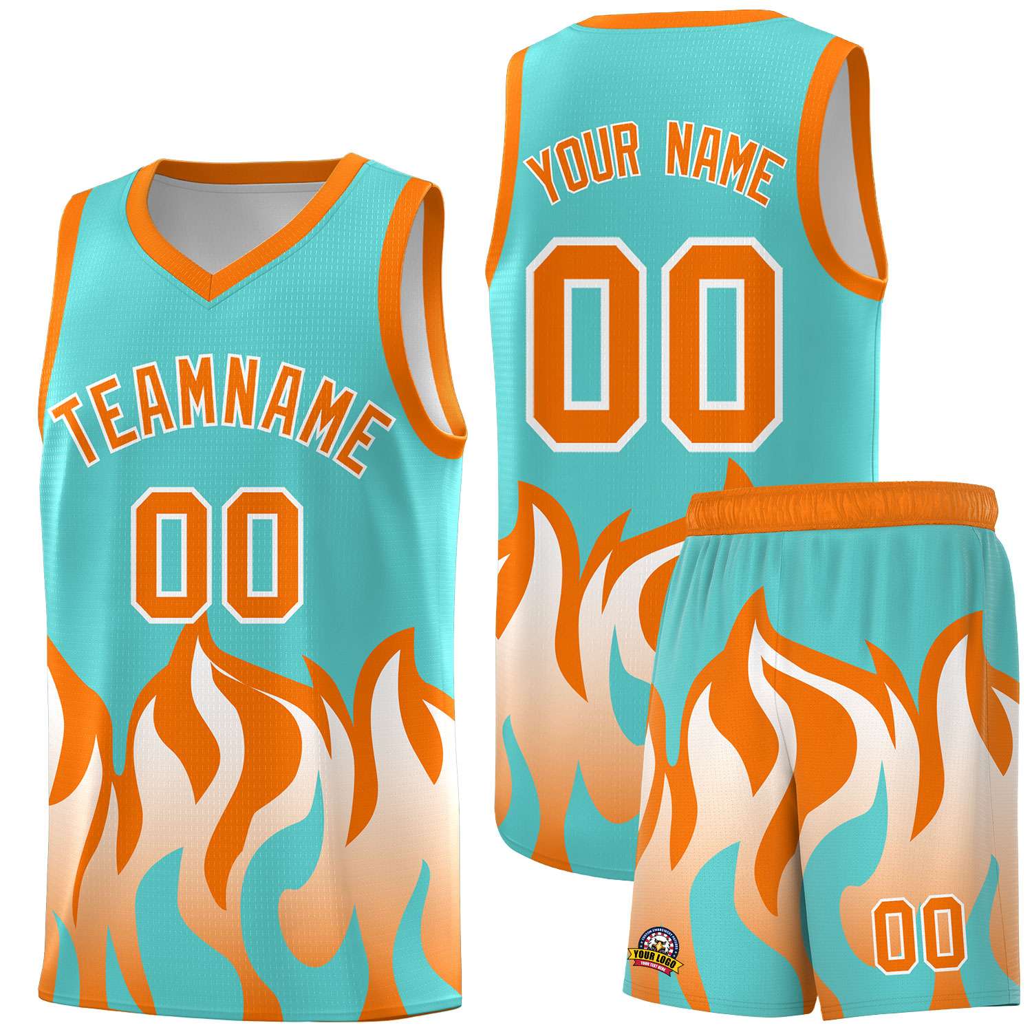Custom Bright Green Orange Hem Flame Pattern Fashion Sports Uniform Basketball Kits