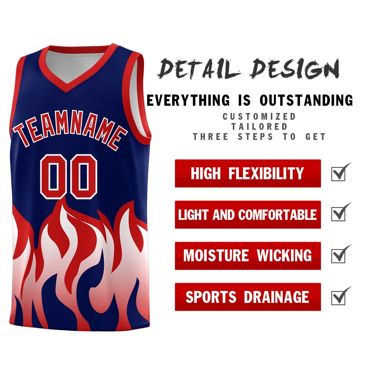 Custom Navy Red Hem Flame Pattern Fashion Sports Uniform Basketball Kits