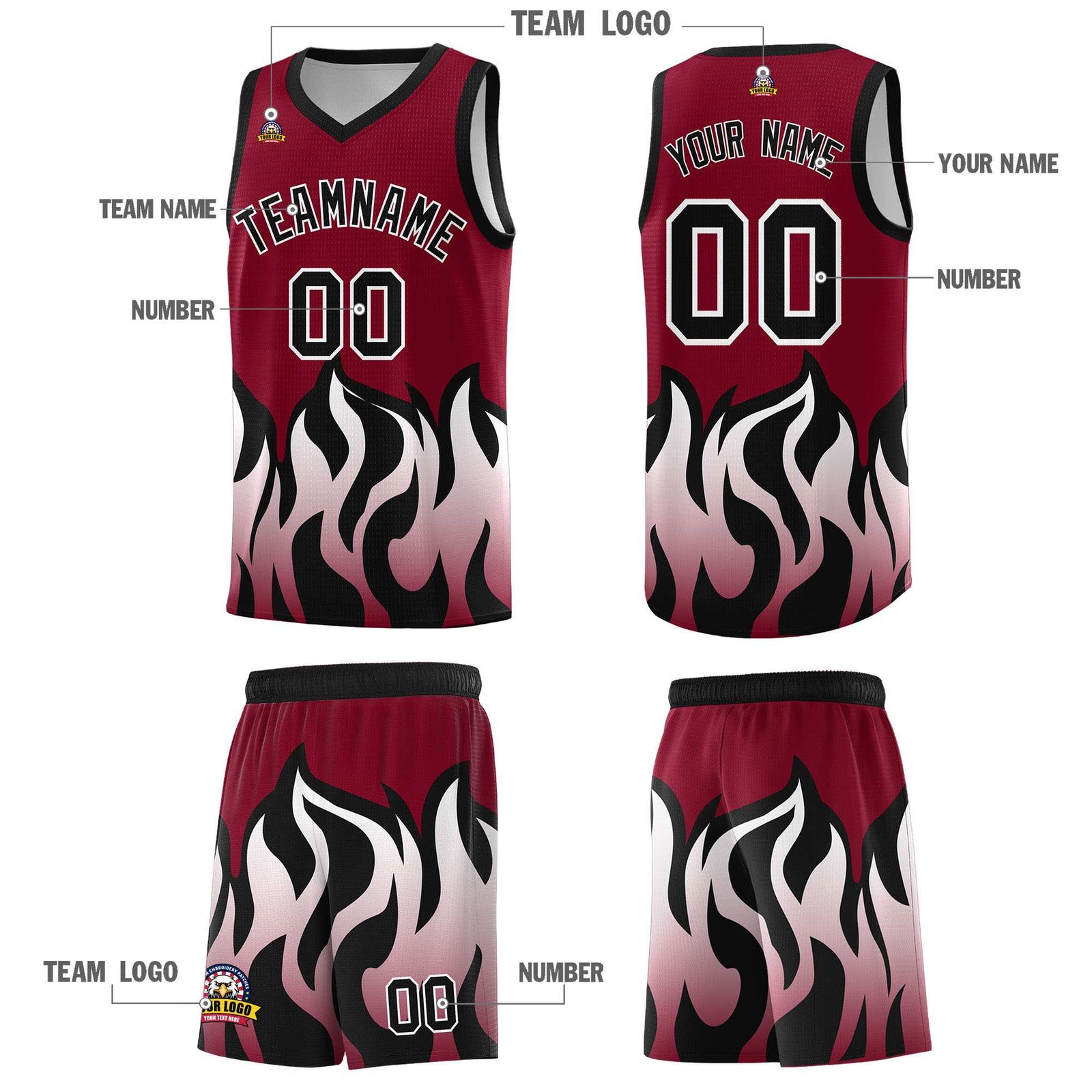 Custom Crimson Black Hem Flame Pattern Fashion Sports Uniform Basketball Kits
