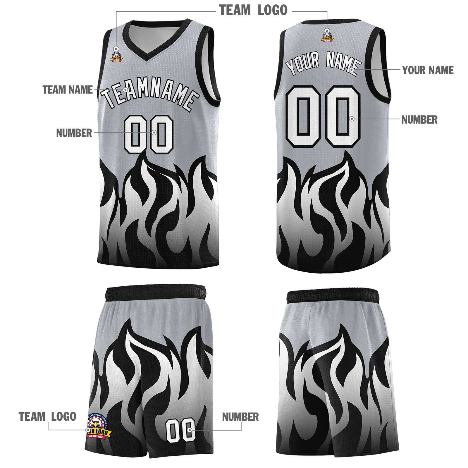 Custom Gray Black Hem Flame Pattern Fashion Sports Uniform Basketball Kits