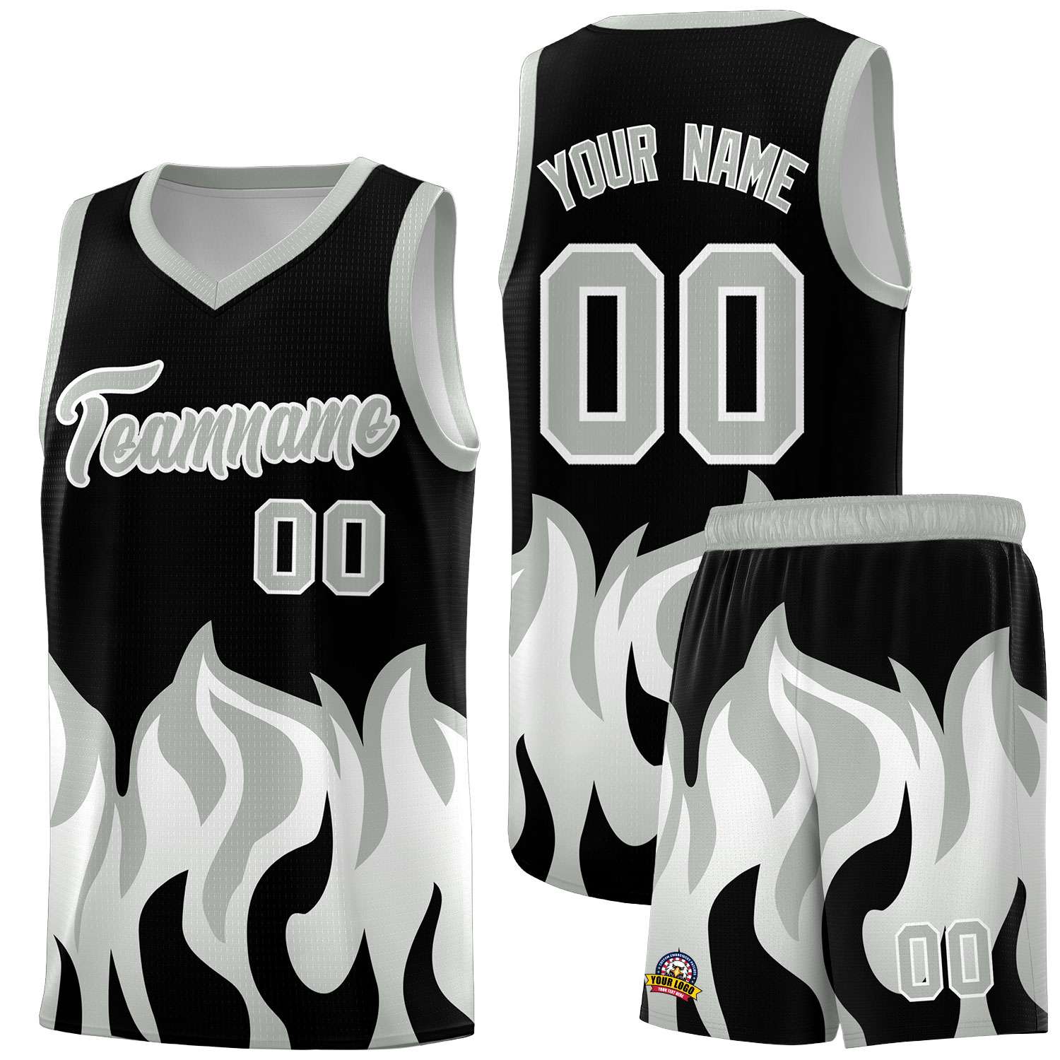 Custom Black Gray Hem Flame Pattern Fashion Sports Uniform Basketball Kits