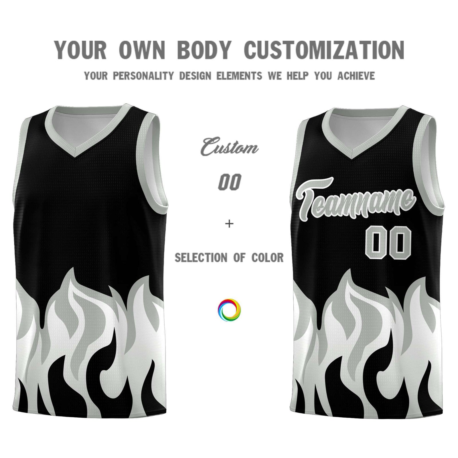 Custom Black Gray Hem Flame Pattern Fashion Sports Uniform Basketball Kits