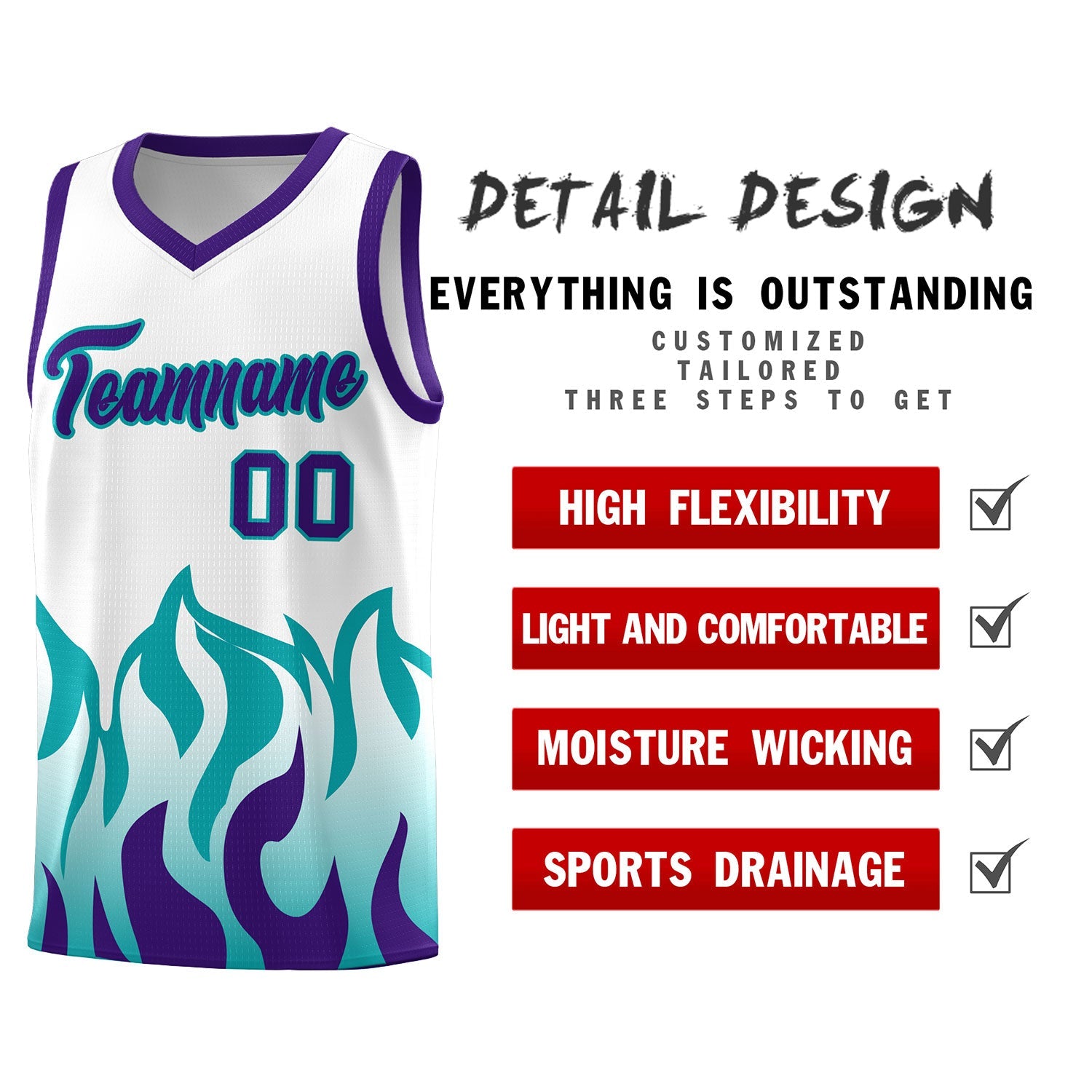 Custom White Aqua Hem Flame Pattern Fashion Sports Uniform Basketball Kits