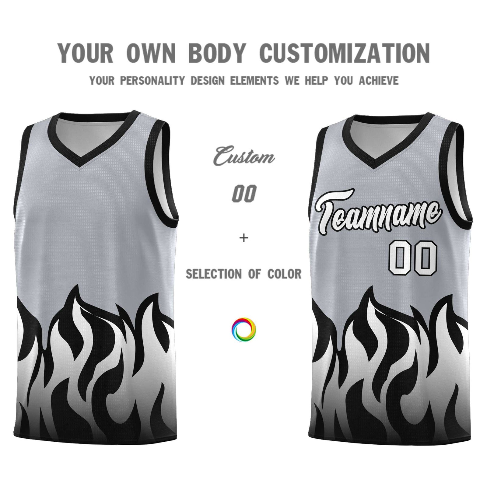 Custom Gray Black Hem Flame Pattern Fashion Sports Uniform Basketball Kits