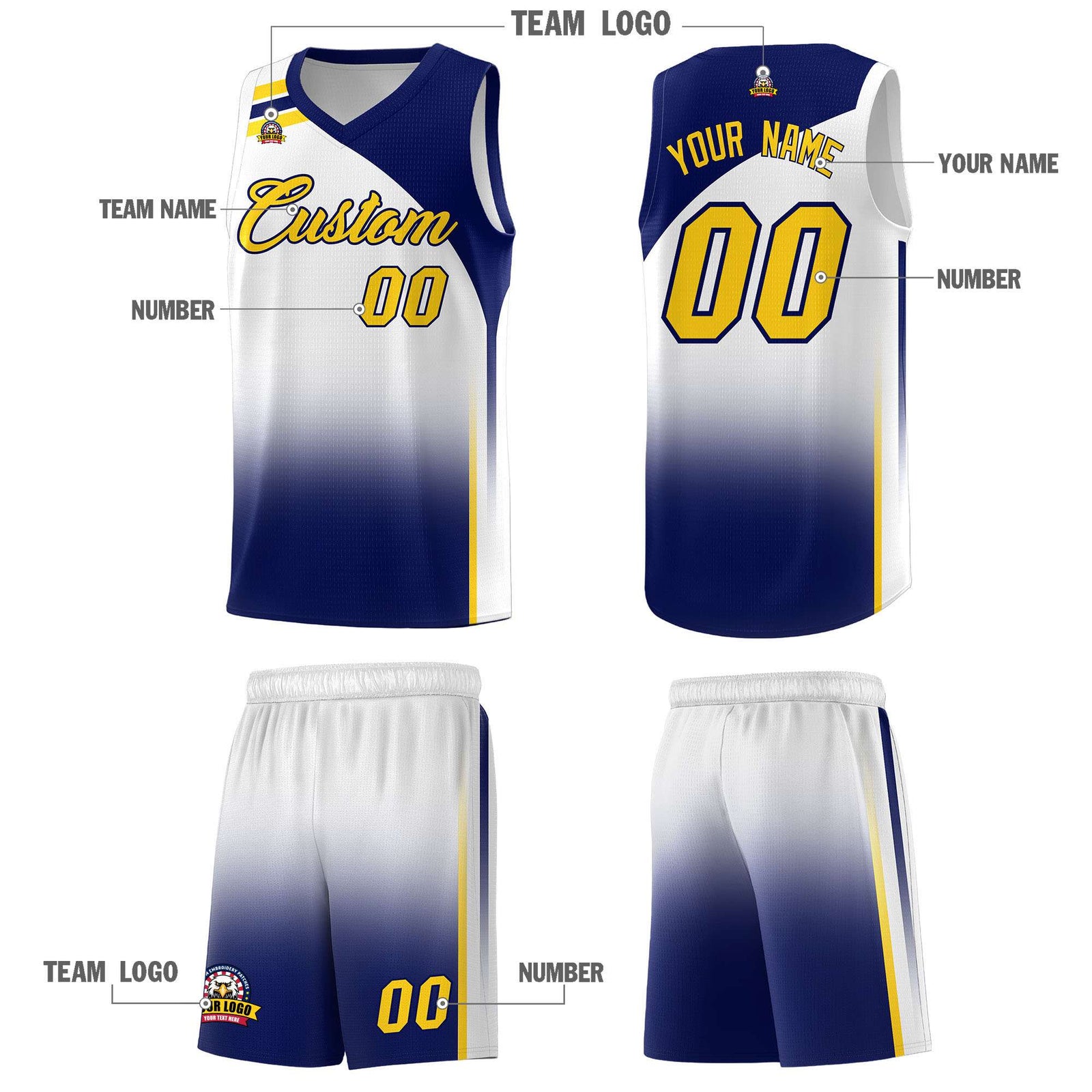 Custom White Navy Gradient Fashion Sets Sports Uniform Basketball Jersey