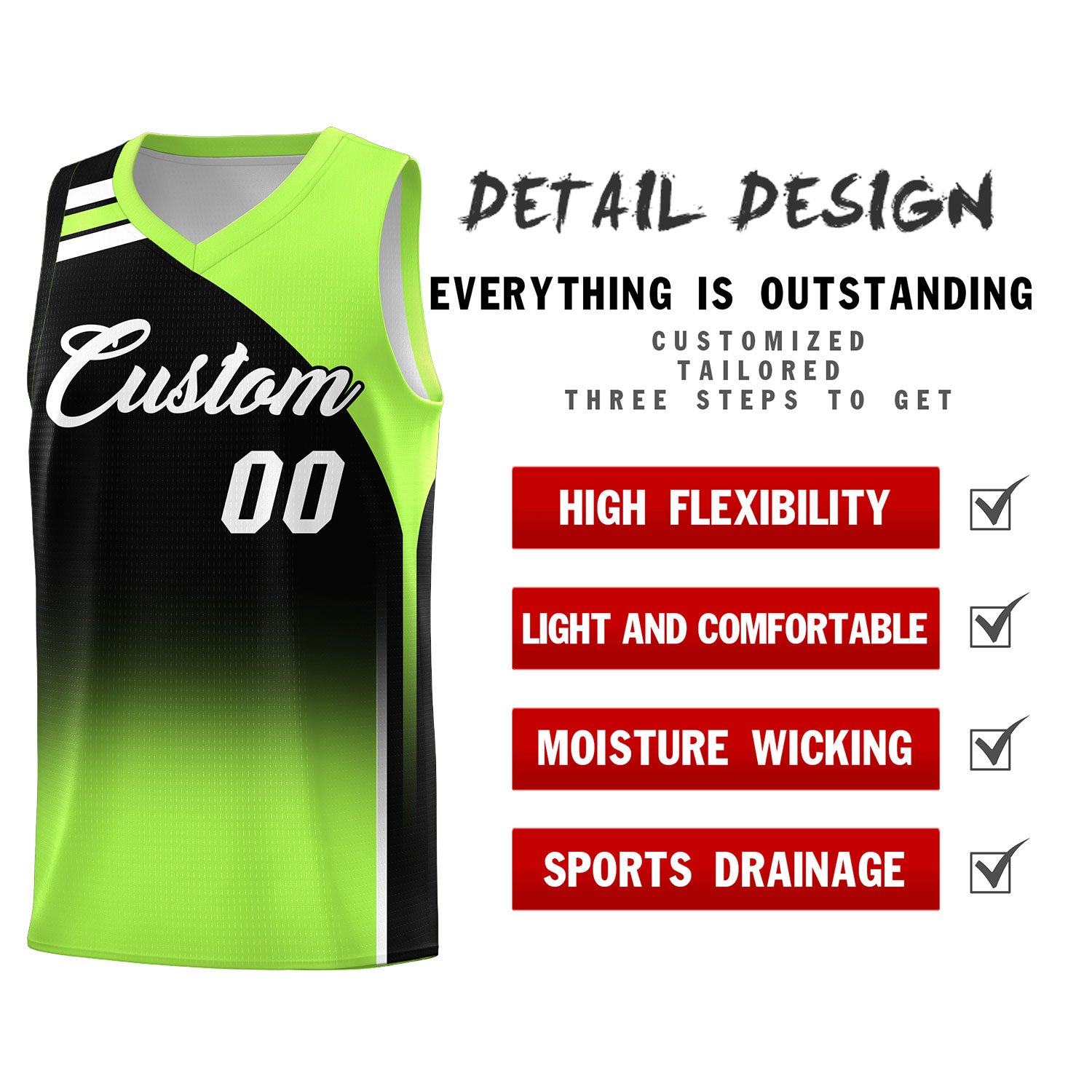 Custom Black Fluorescent Green Gradient Fashion Sets Sports Uniform Basketball Jersey