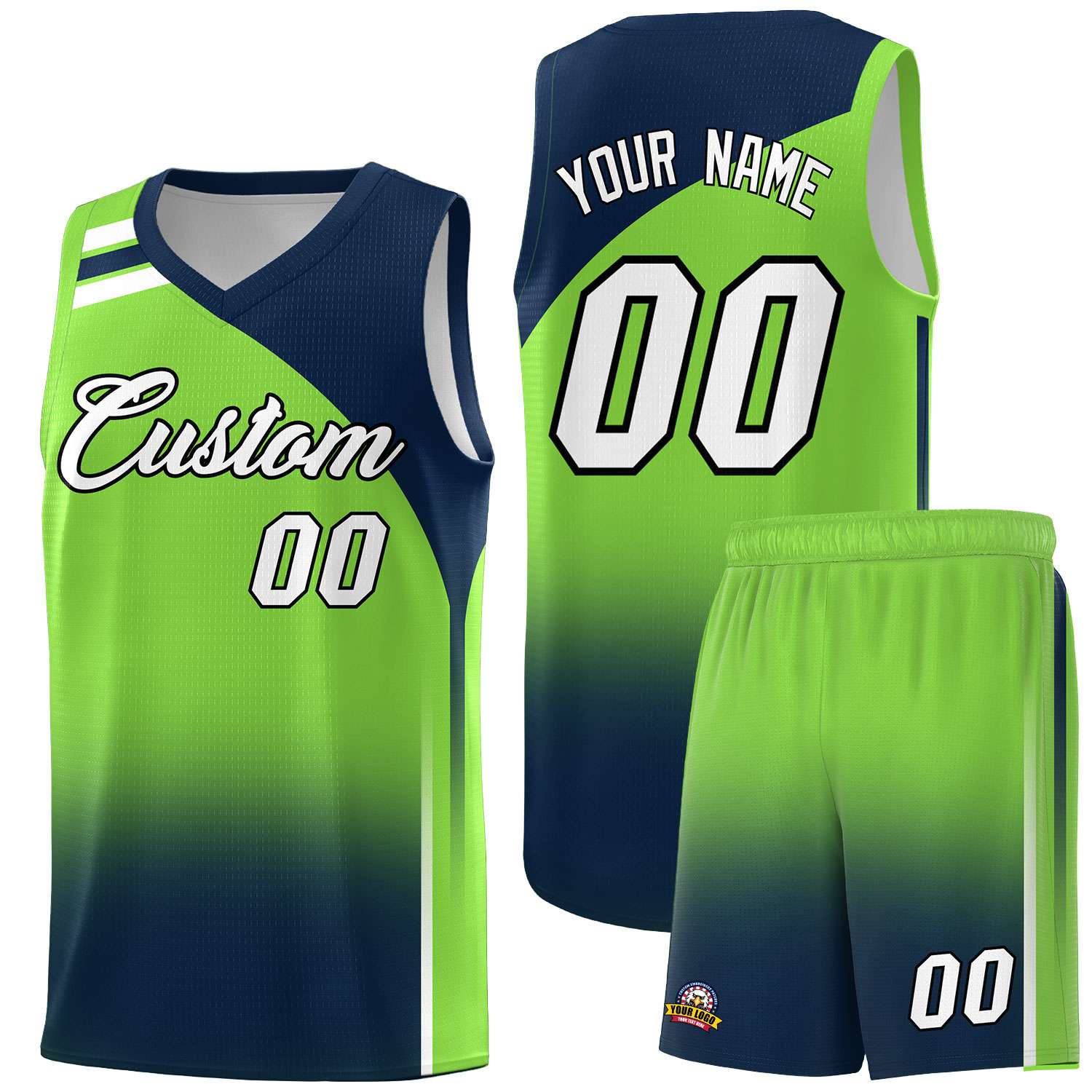Custom Fluorescent Green and Navy Gradient Fashion Sets Sports Uniform Basketball Jersey