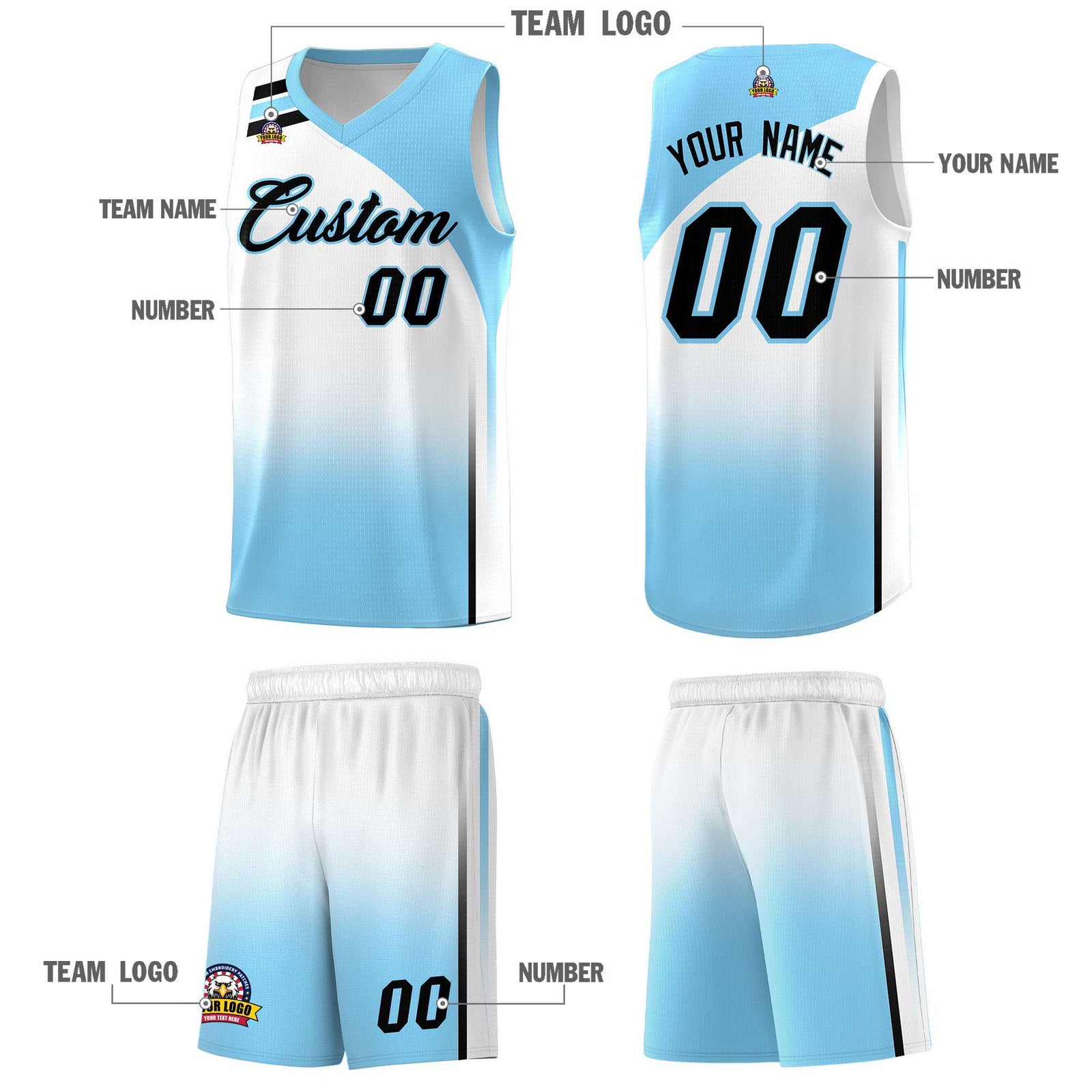 Custom Light Blue White Gradient Fashion Sets Sports Uniform Basketball Jersey