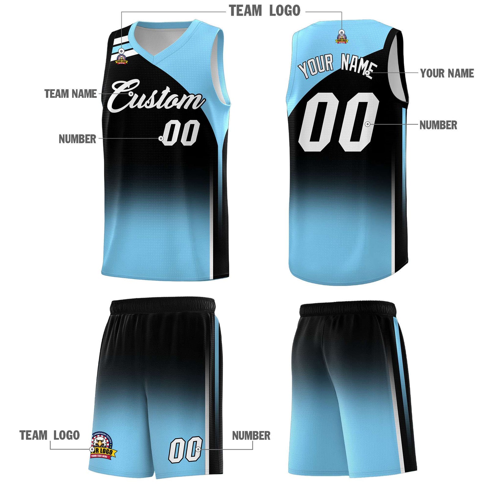 Custom Black Light Blue Gradient Fashion Sets Sports Uniform Basketball Jersey