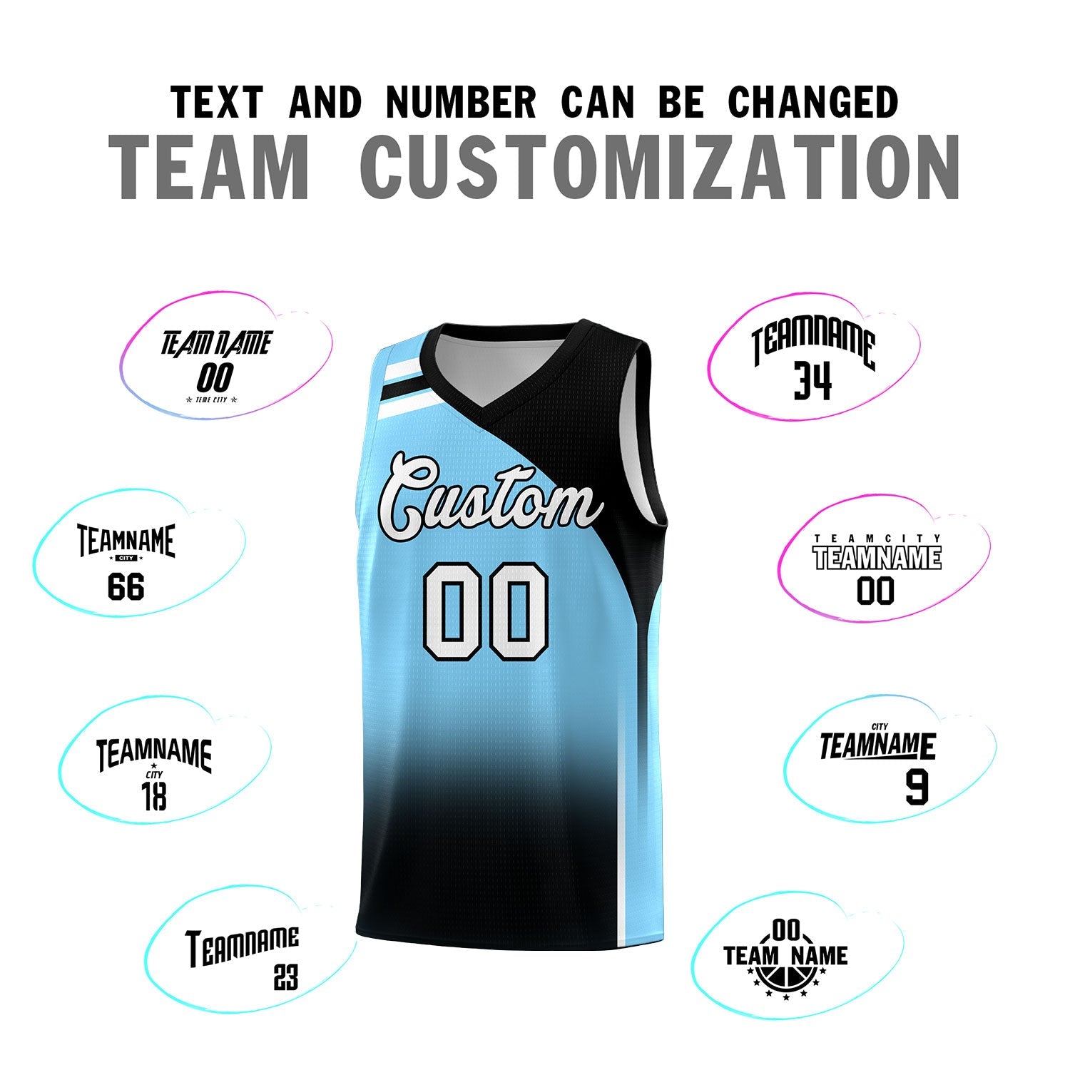 Custom Light Blue Black Gradient Fashion Sets Sports Uniform Basketball Jersey