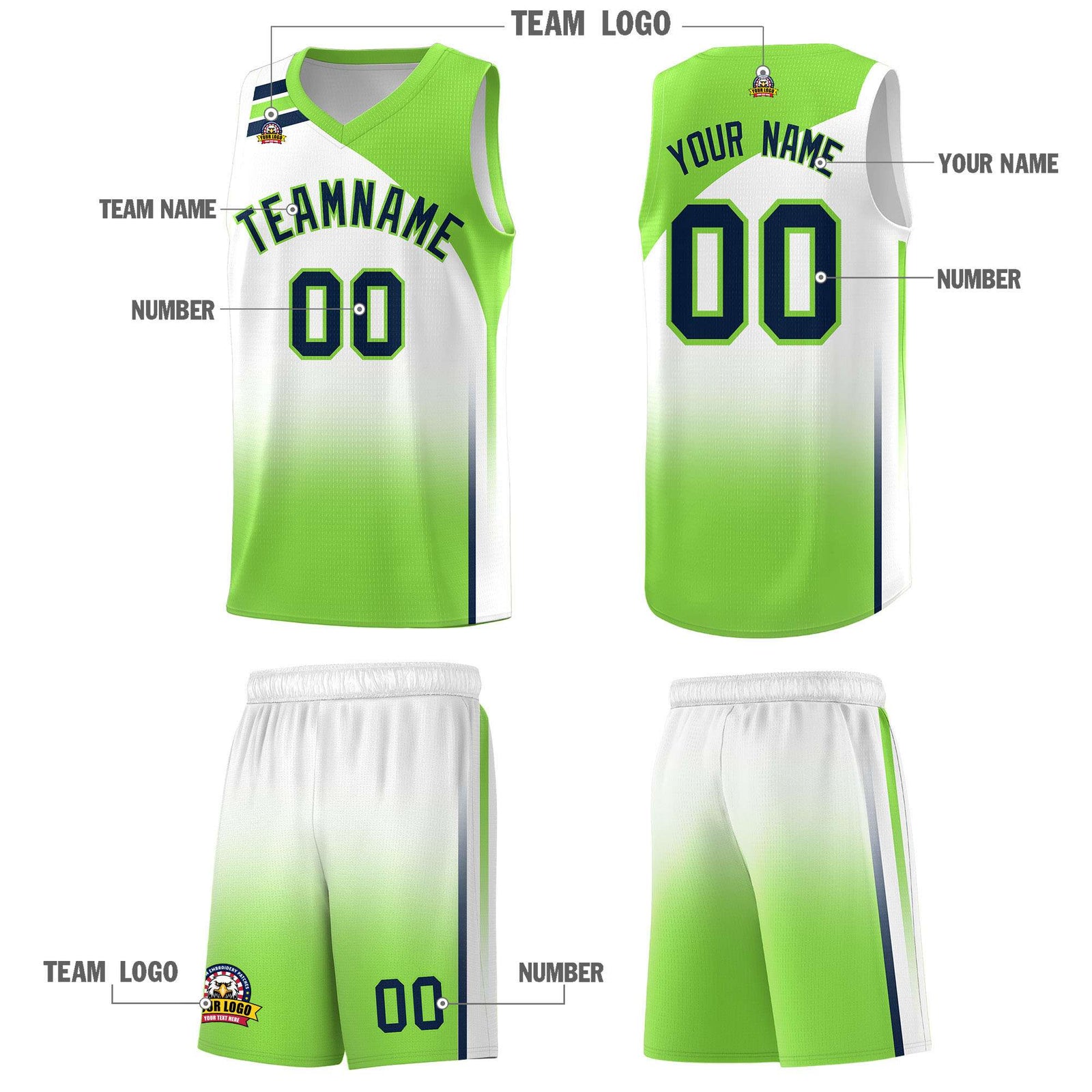 Custom White Fluorescent Green Gradient Fashion Sets Sports Uniform Basketball Jersey