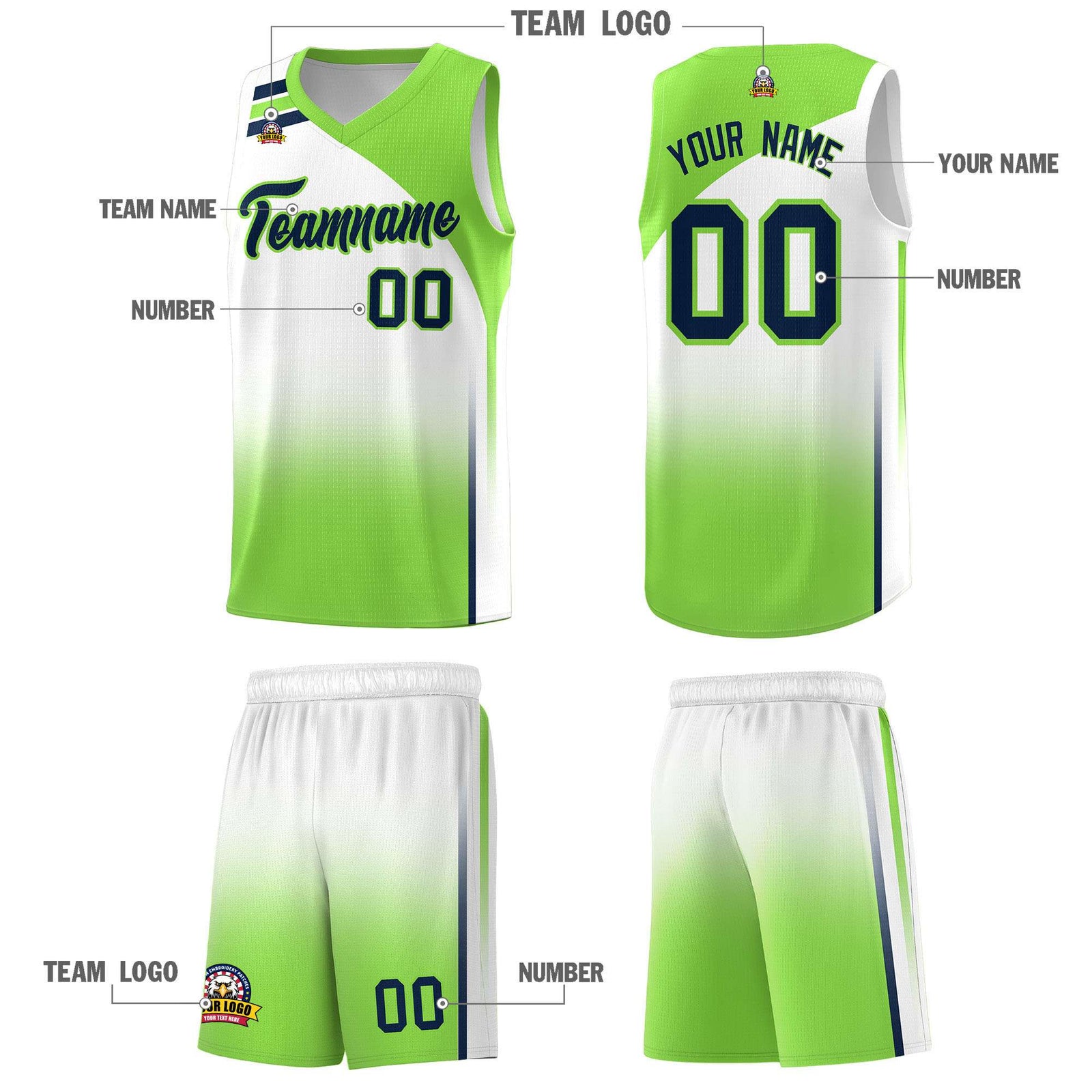 Custom White Fluorescent Green Gradient Fashion Sets Sports Uniform Basketball Jersey