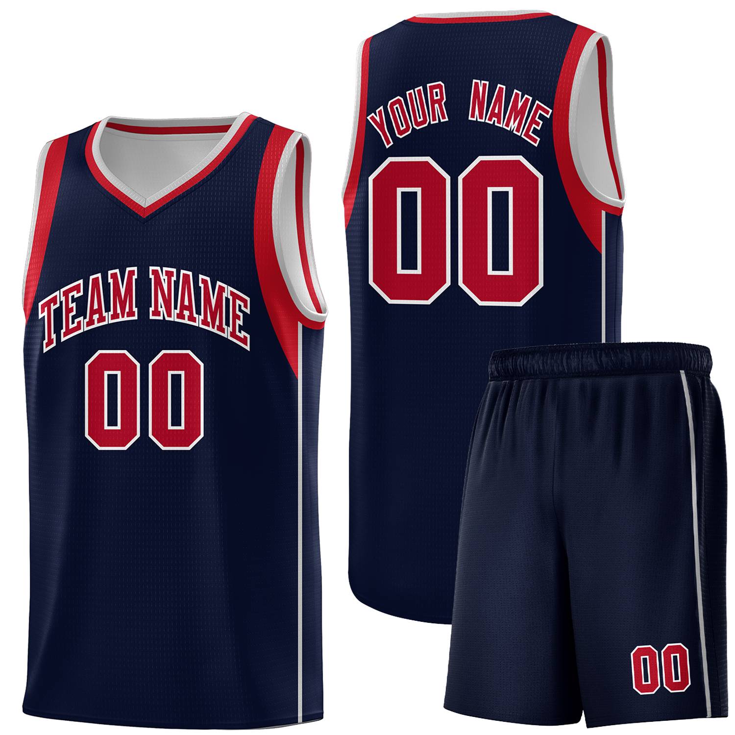 Custom Navy Red-Gray Sleeve Color Blocking Classic Sports Uniform Basketball Jersey