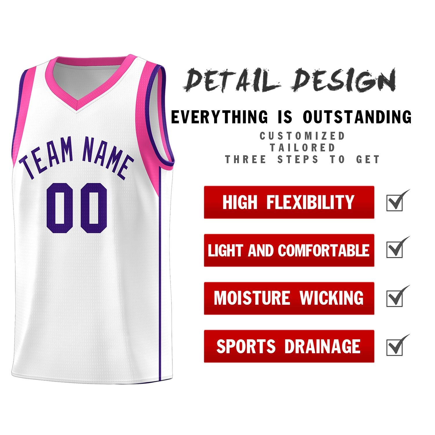 Custom White Purple Sleeve Color Blocking Classic Sports Uniform Basketball Jersey