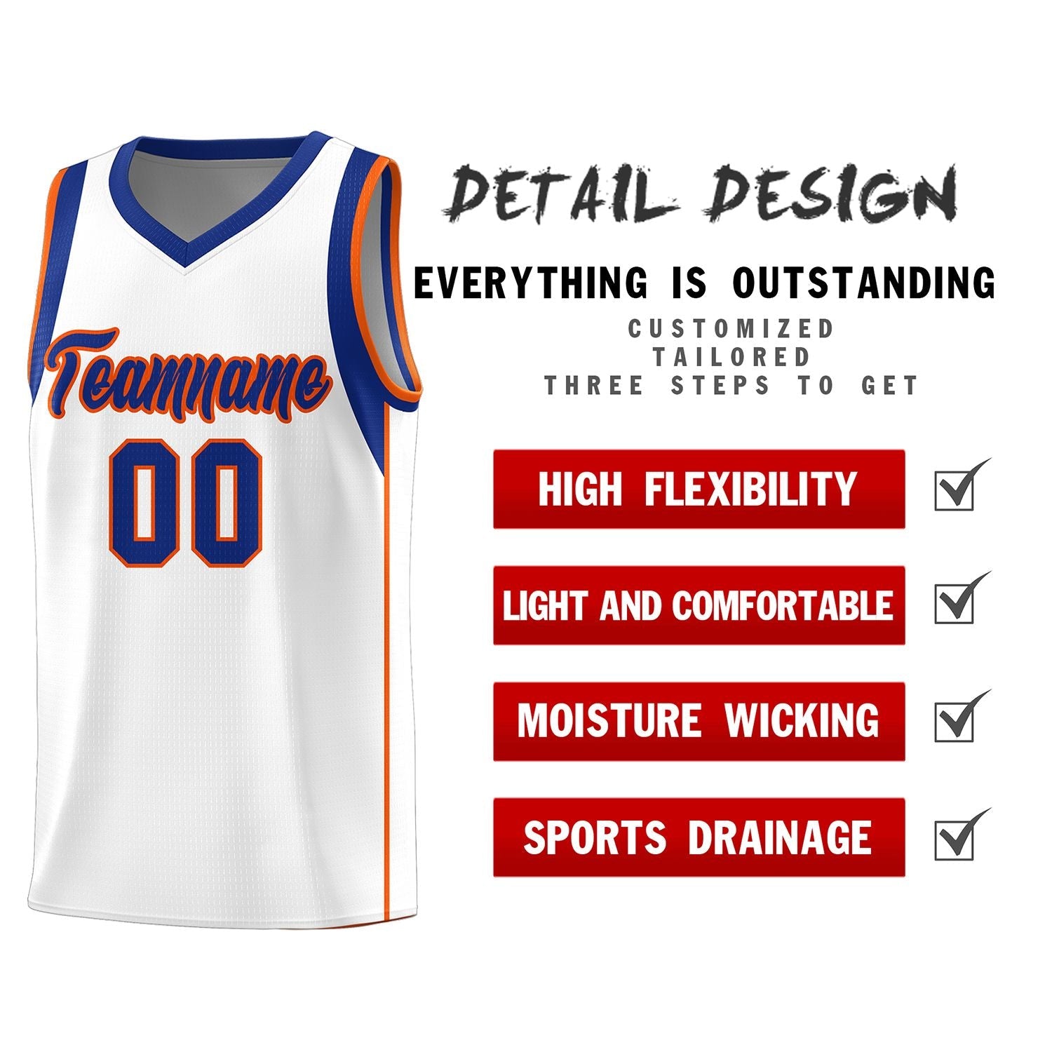 Custom White Royal-Orange Sleeve Color Blocking Classic Sports Uniform Basketball Jersey
