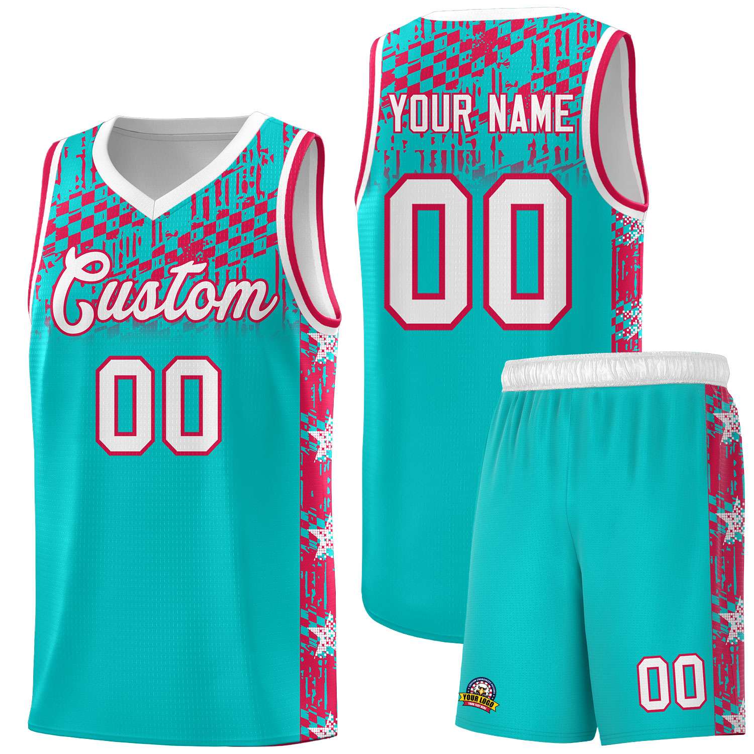 Custom Aqua Mosaic Stars Pattern Sports Uniform Basketball Jersey