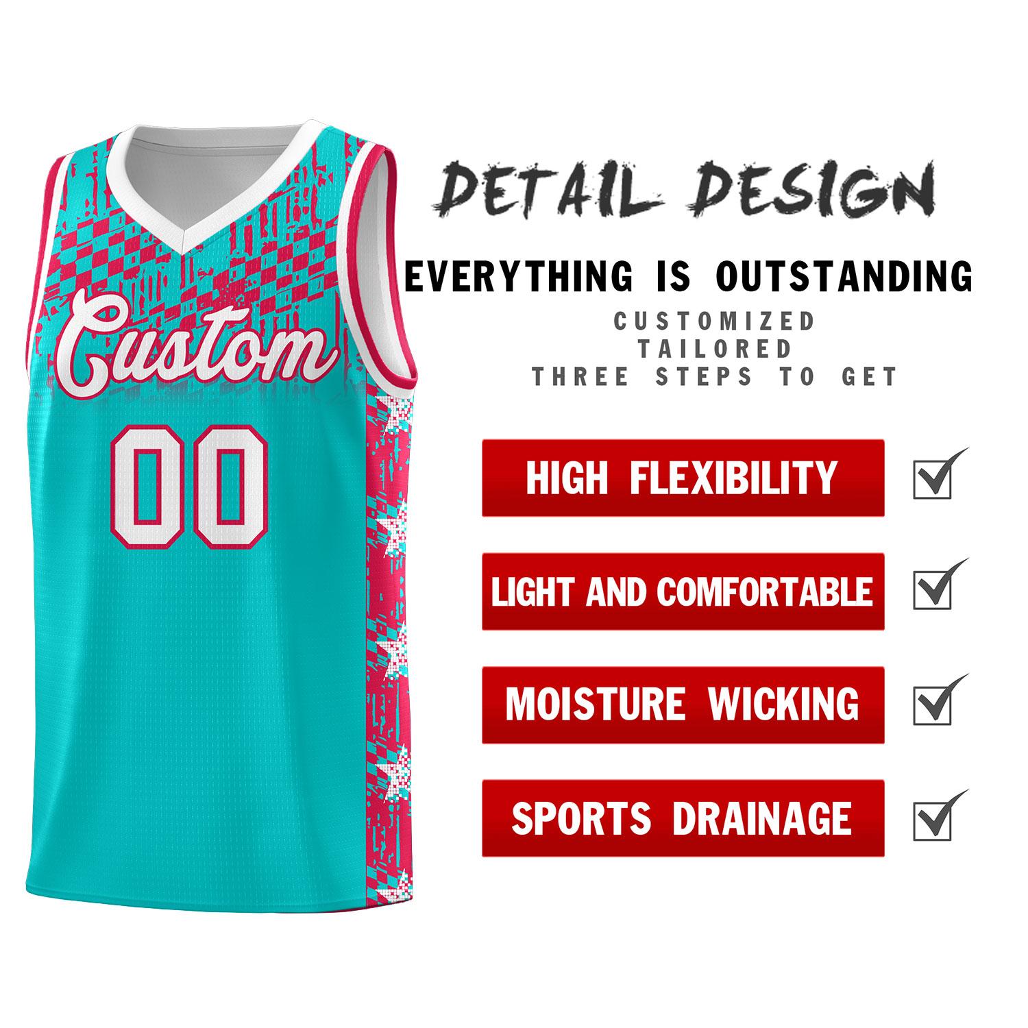 Custom Aqua Mosaic Stars Pattern Sports Uniform Basketball Jersey